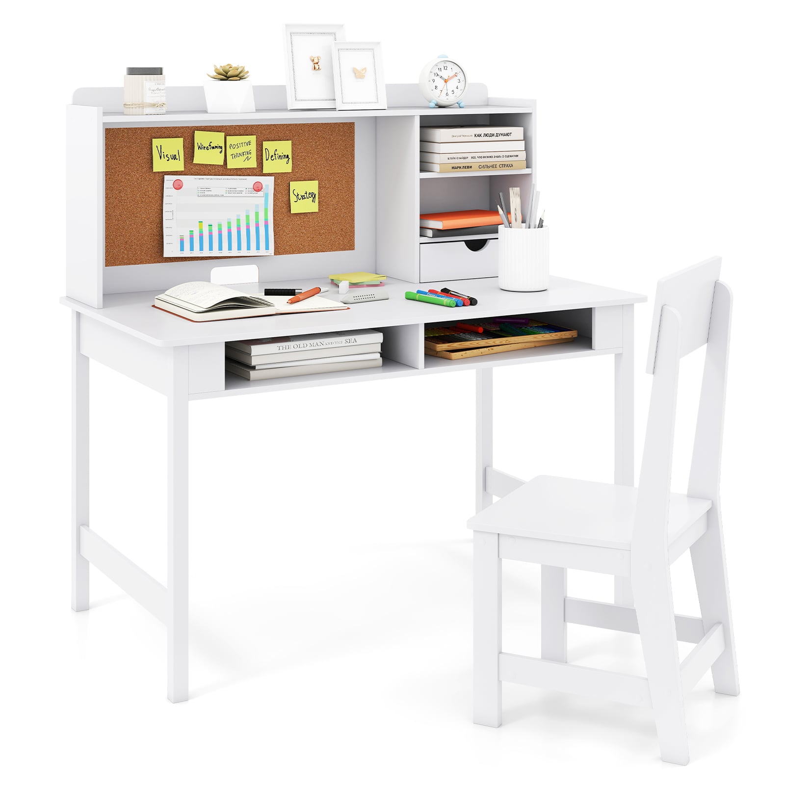 KYNOR Kids Study Desk and Chair Set Wooden Students Writing Table-White