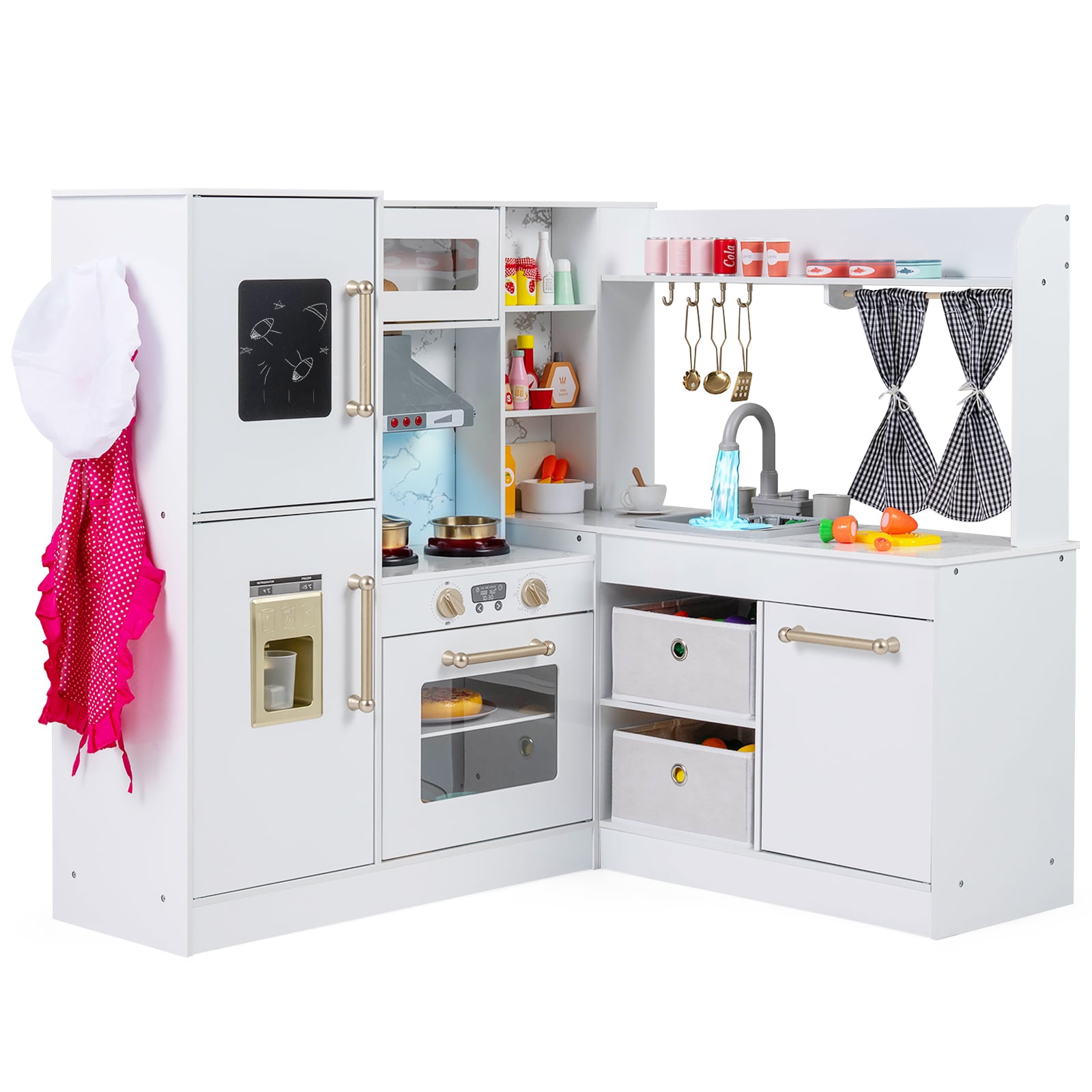 Kids Wooden Corner Play Kitchen with Lighted Range Hood and Stoves-White