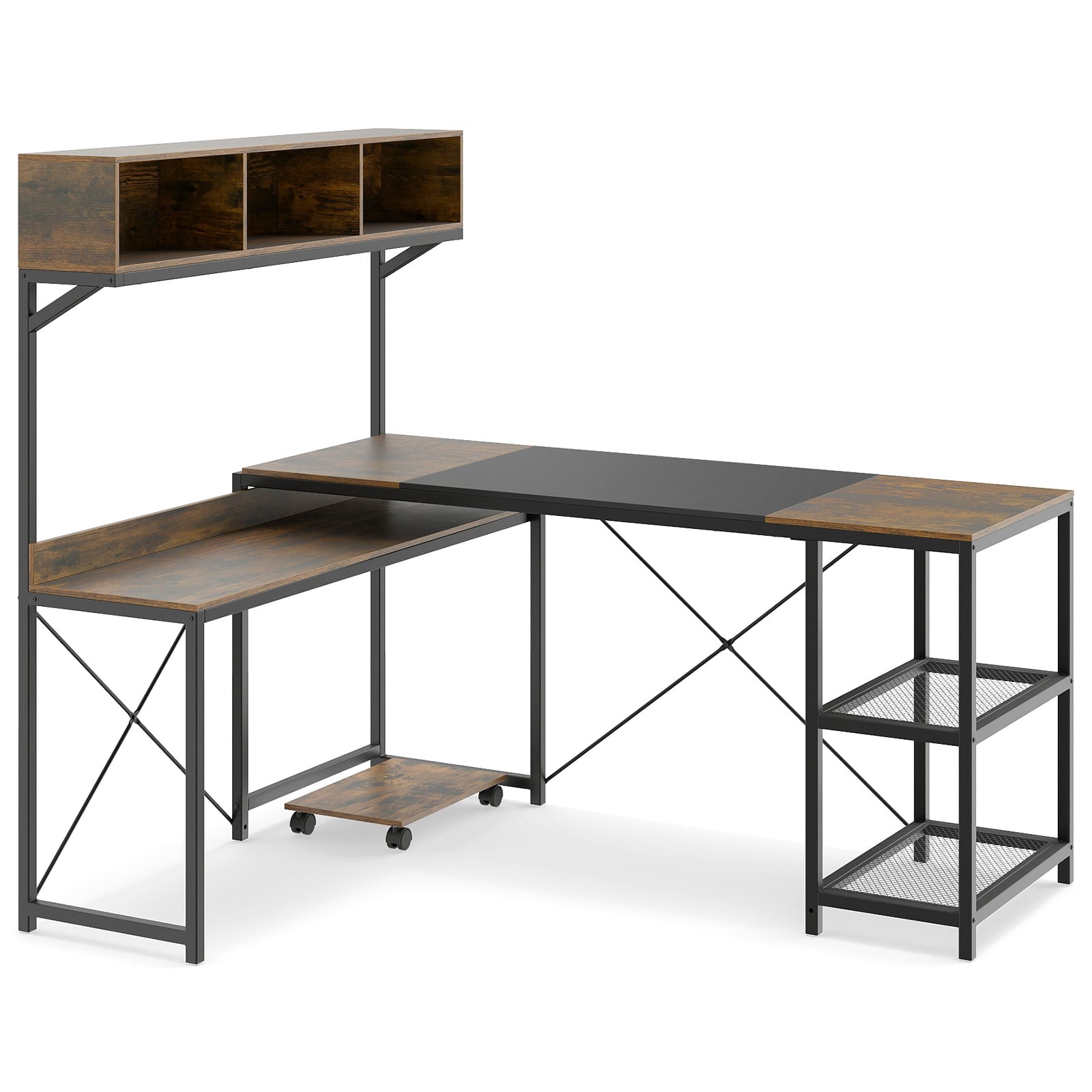 L-Shaped Desk with Storage Hutch for Home Office-Rustic Brown