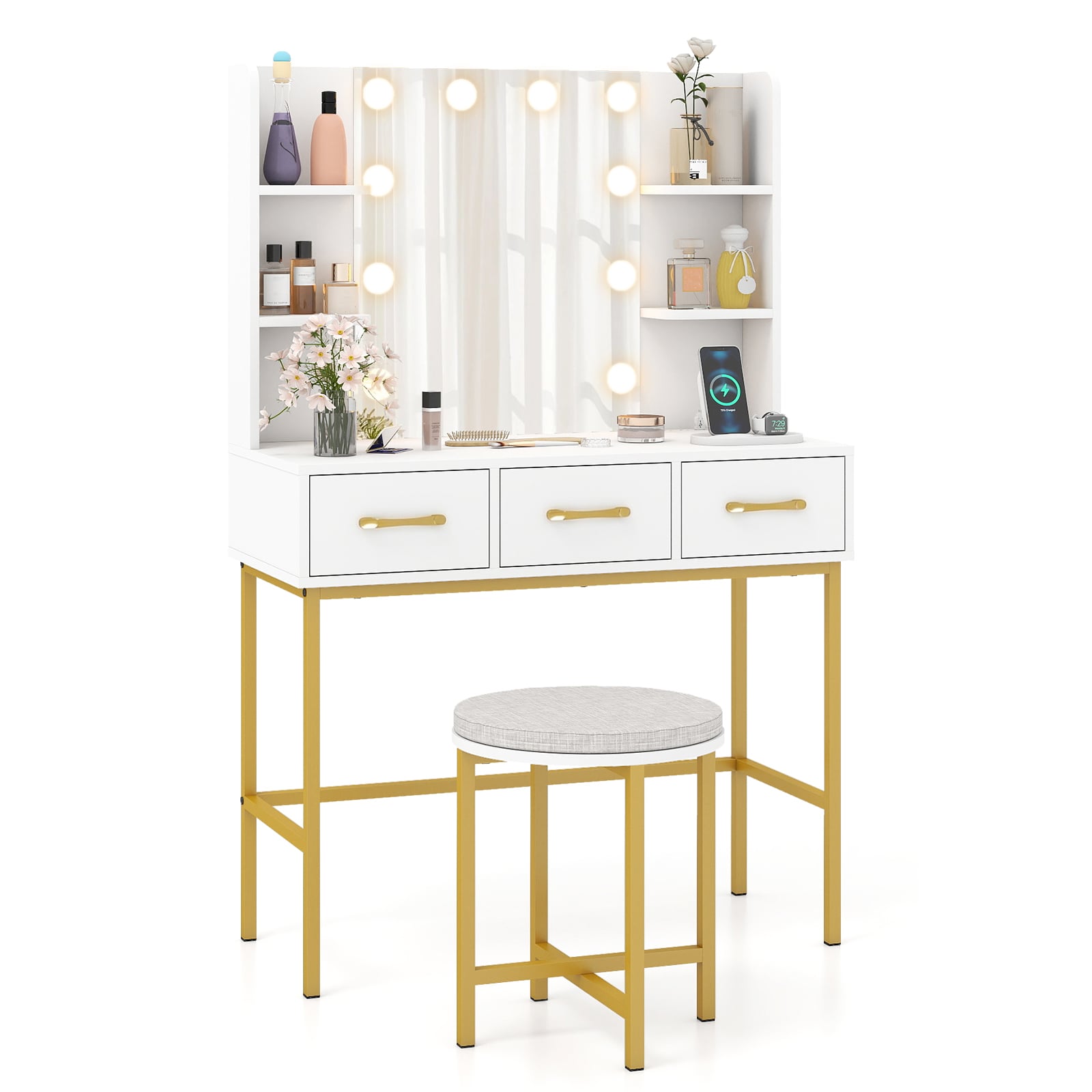 ZELIX Makeup Dressing Table and Cushioned Stool Set with Power Outlets-White