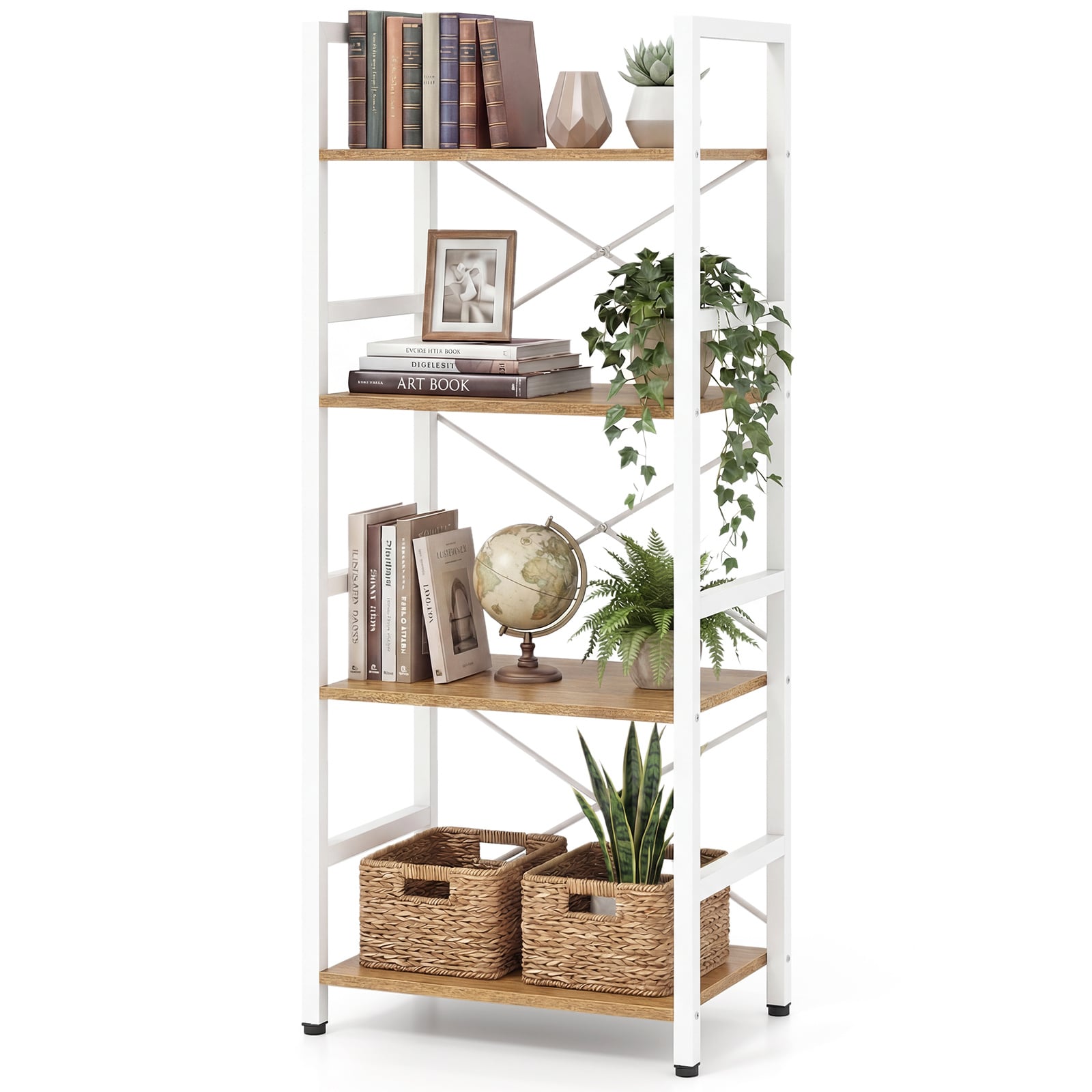 Narrow 4-Tier Bookcase with Metal Frame-Natural