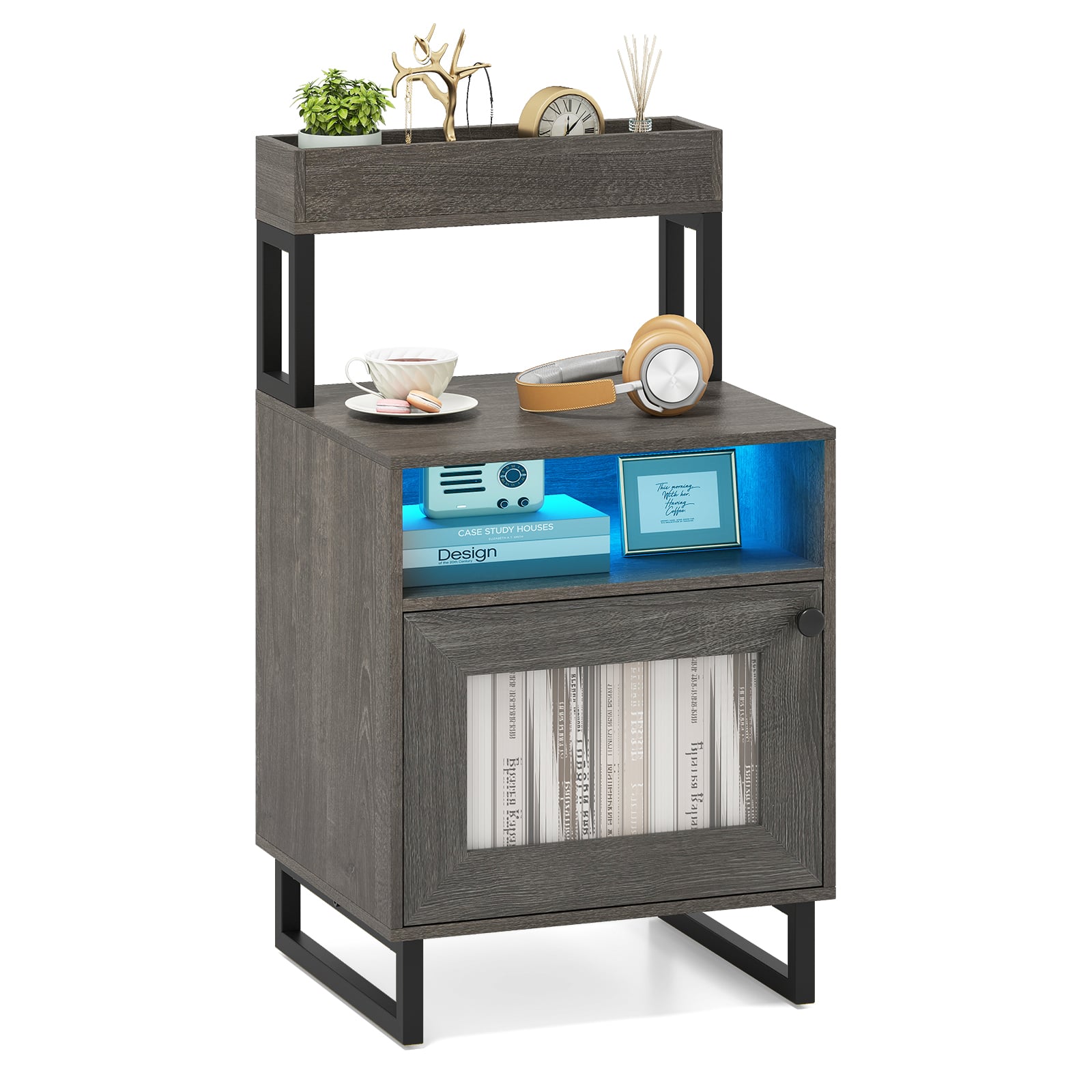 HAVORI Bedside Table with LED Lights Modern End Table with Top Tray-Grey