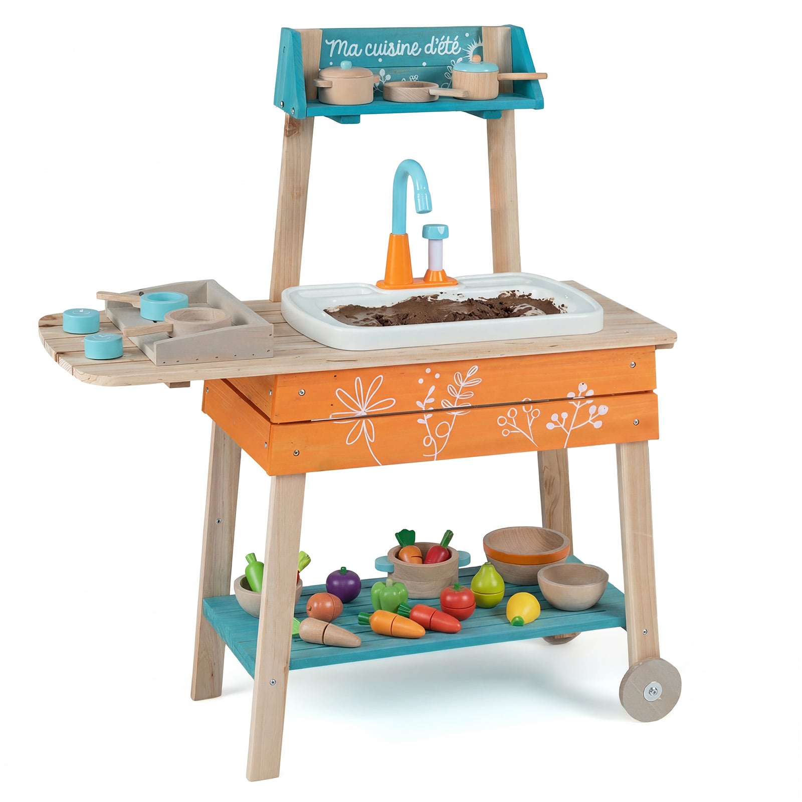 Outdoor Kids Wooden Play Kitchen with Removable Sink-Multicolour