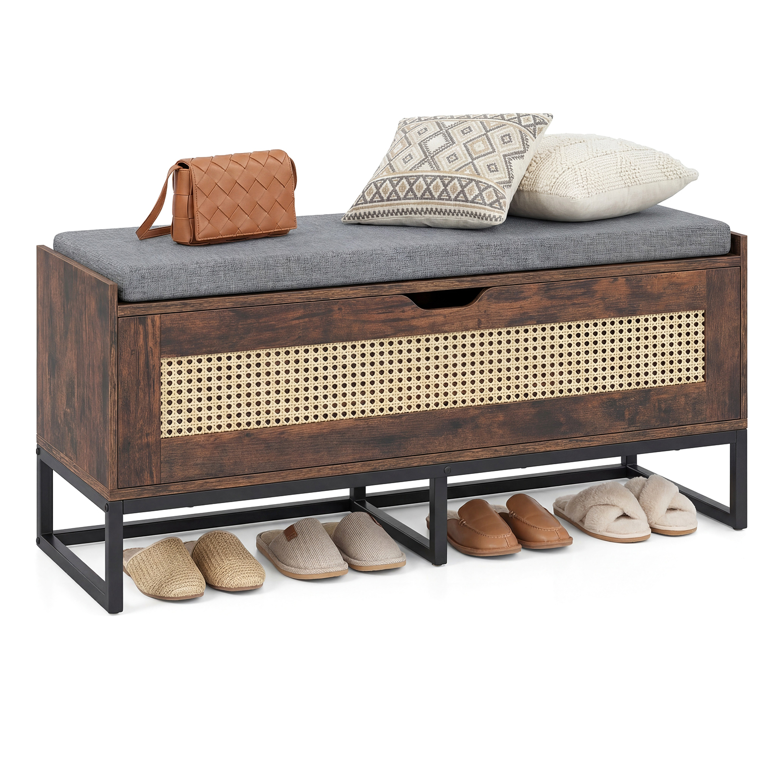 Rattan Shoe Storage Bench with Padded Seat Wicker Storage Chest - Rustic Brown