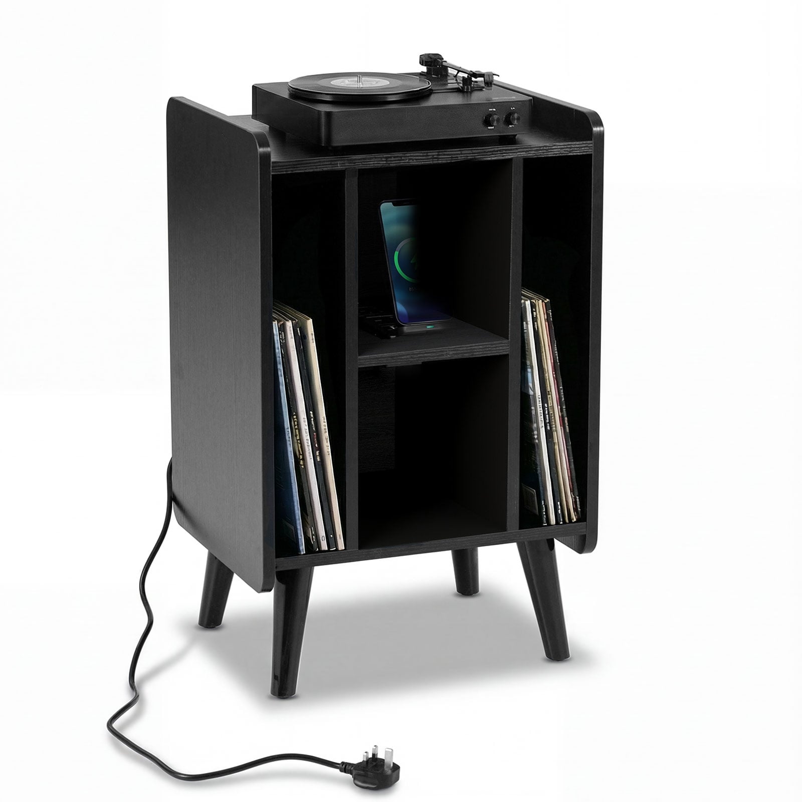 XVENA Record Player Stand with 4 Open Shelves Power Outlet USB Charging Port-Black
