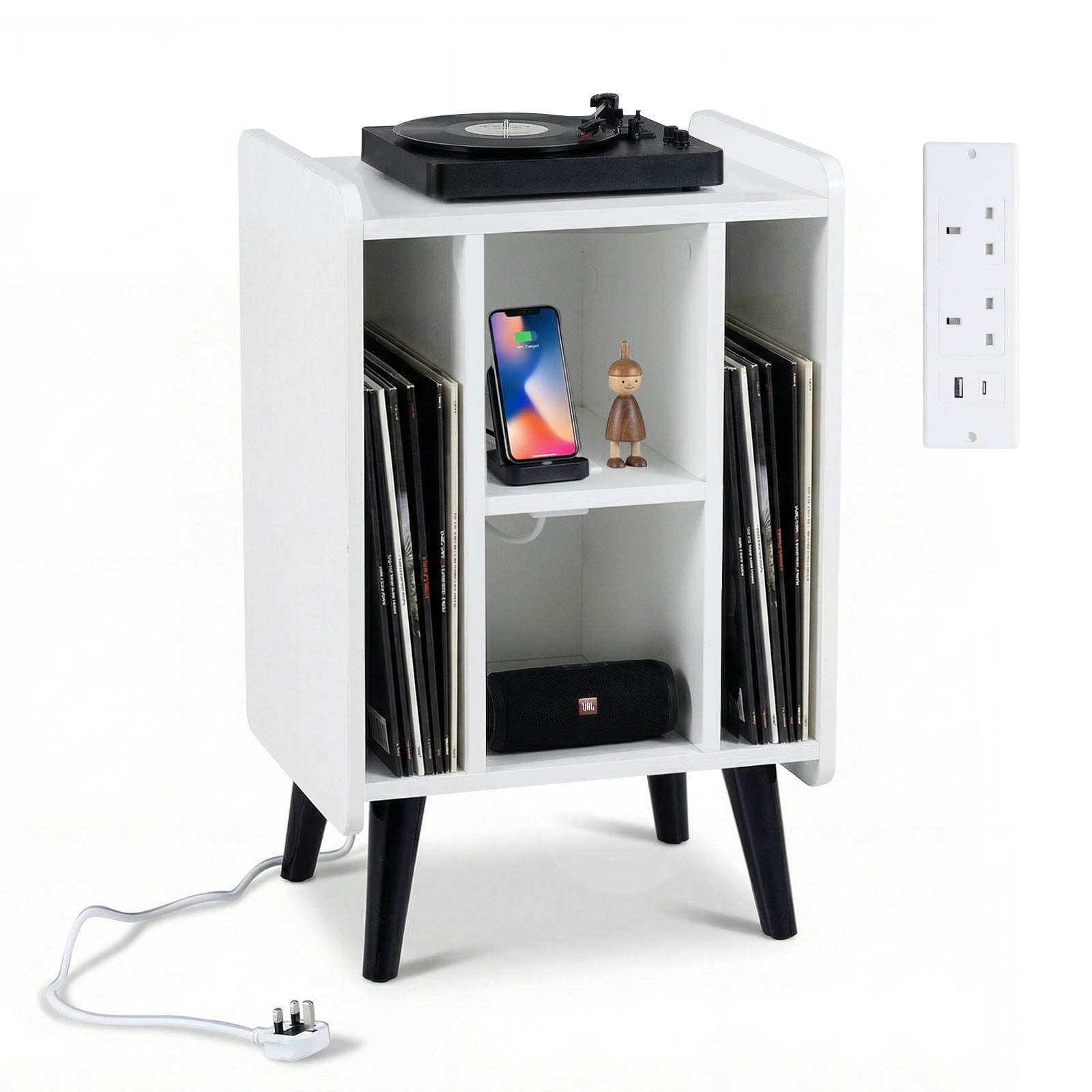 XVENA Record Player Stand with 4 Open Shelves Power Outlet USB Charging Port-White