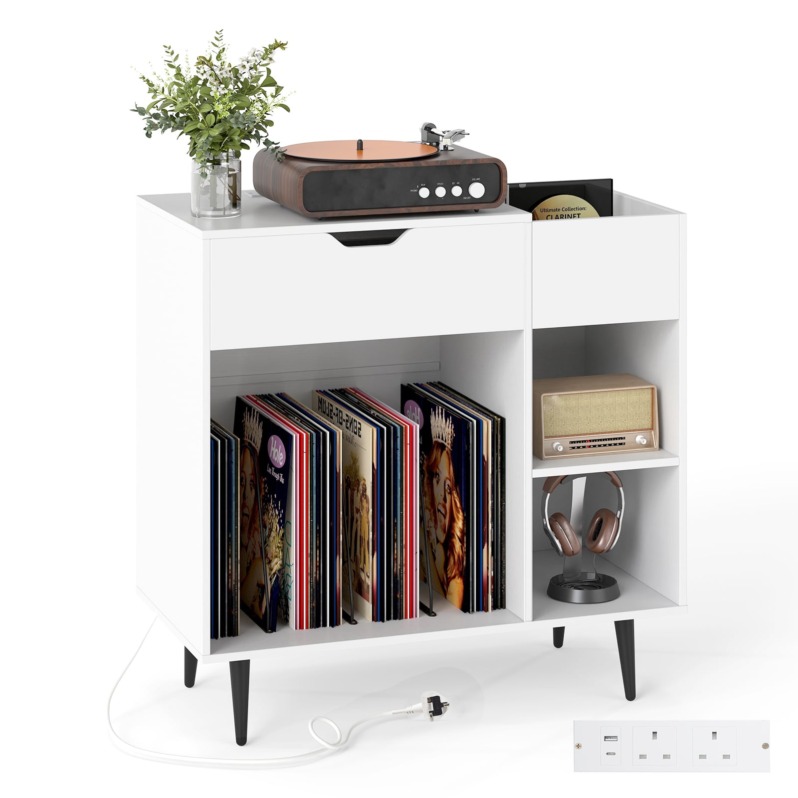 XVORA Record Player Stand with Built-In Power Strip and 3 Dividers-White
