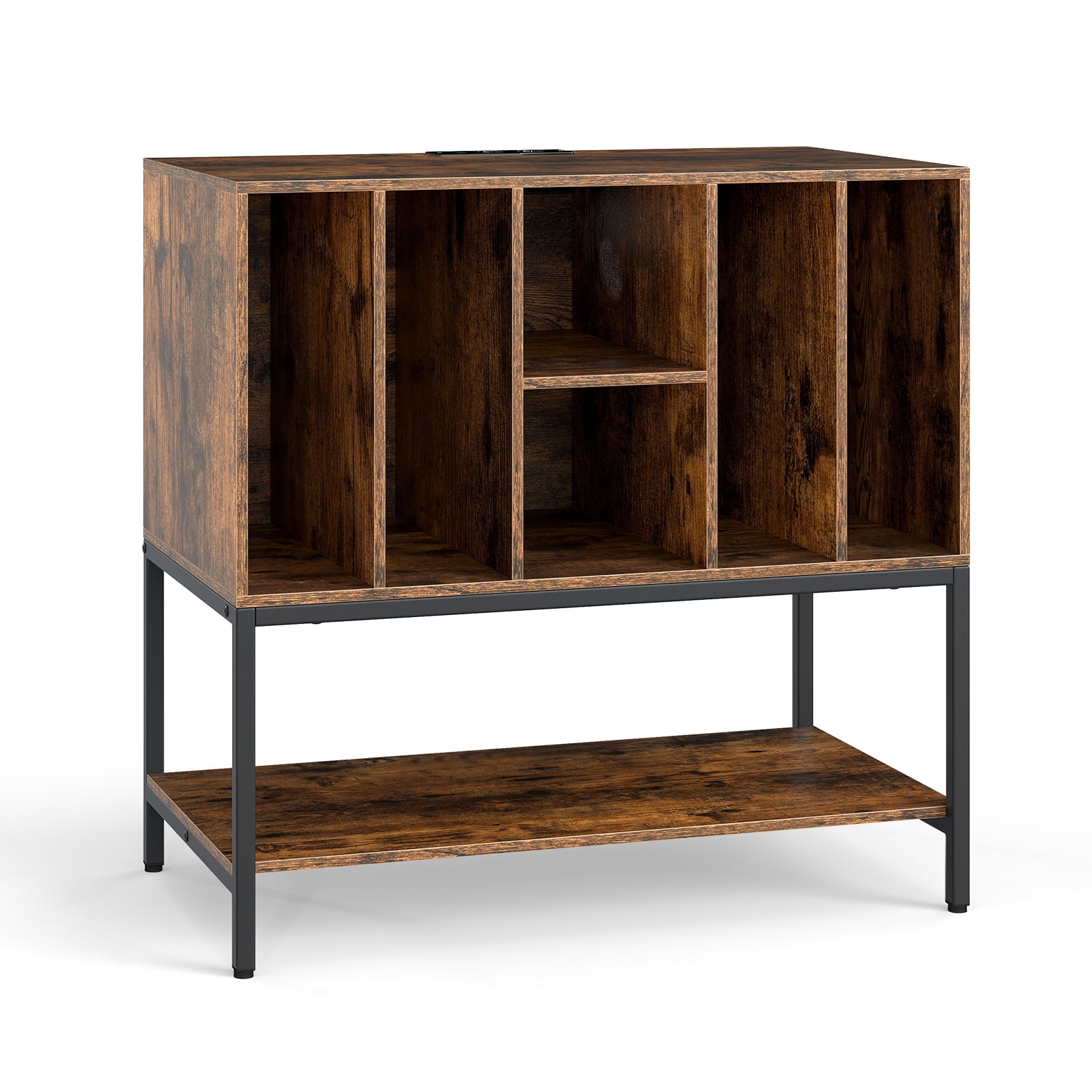 YIREL Record Player Stand with Charging Station for Living Room-Rustic Brown