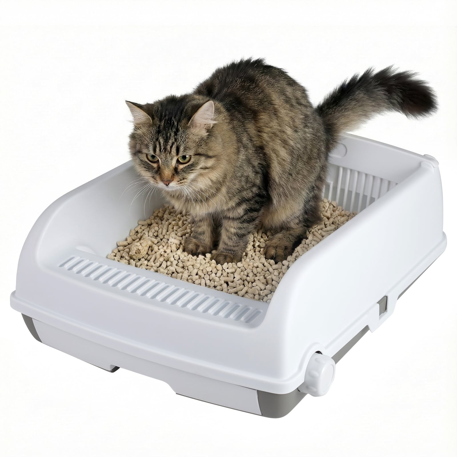 Semi-Auto Open Cat Litter Box with High Sides & Drawer Tray-White