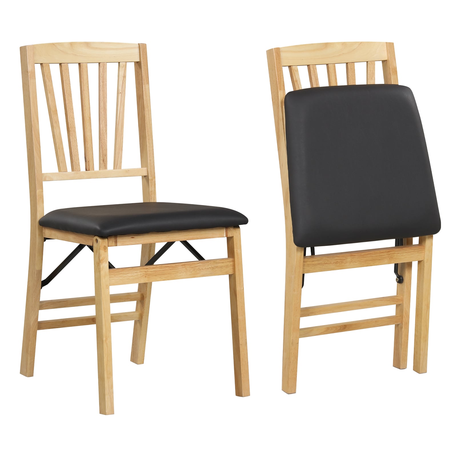XYRA Set of 2 Folding Dining Chair with Rubber Wood Frame and Padded Seat-Black