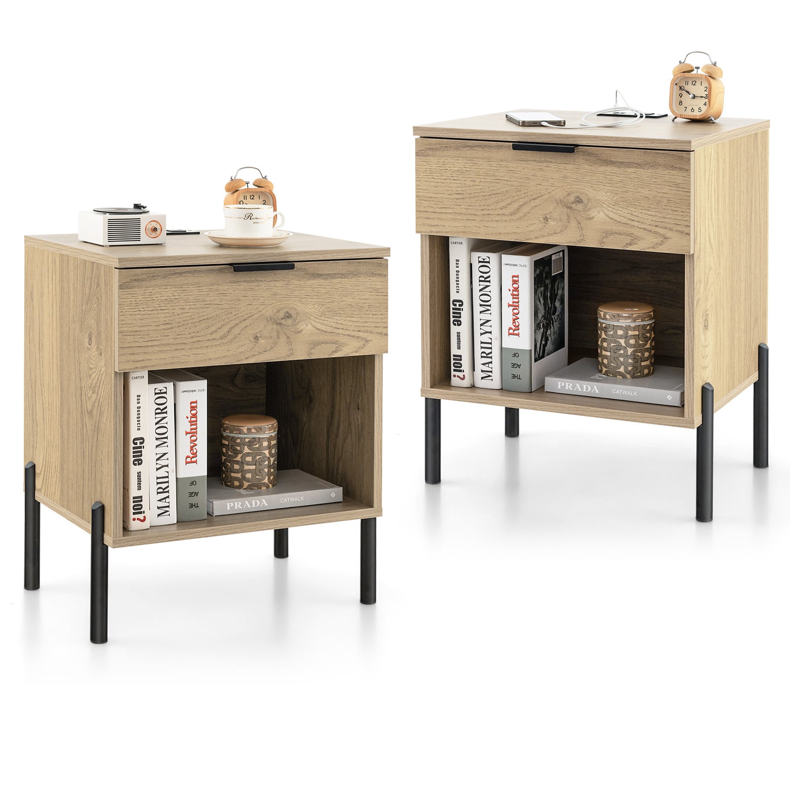 Set of 2 Bedside Tables with Charging Station-Natural
