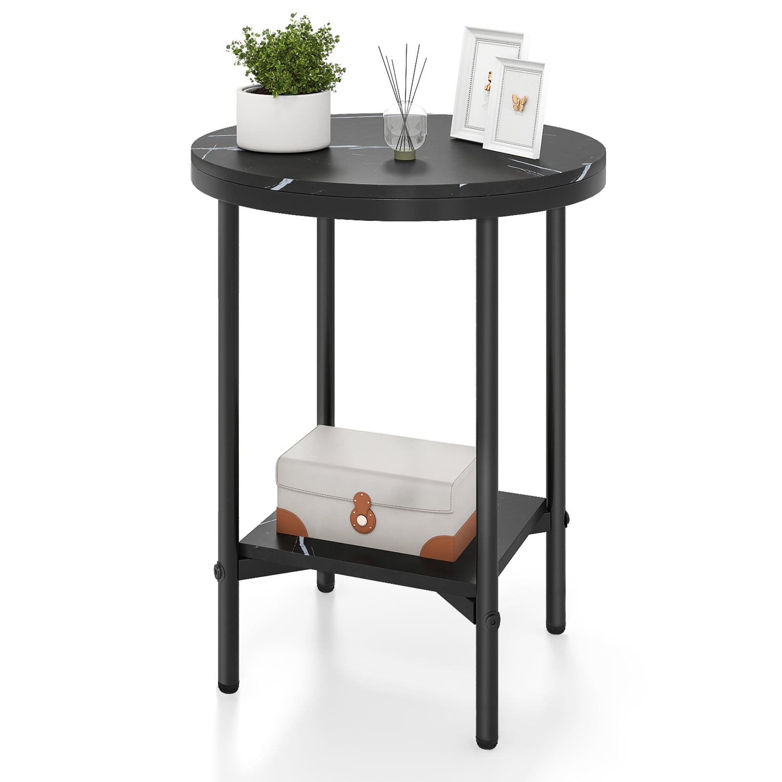 ZIVEN Round Side Table with Faux Marble Top-Black