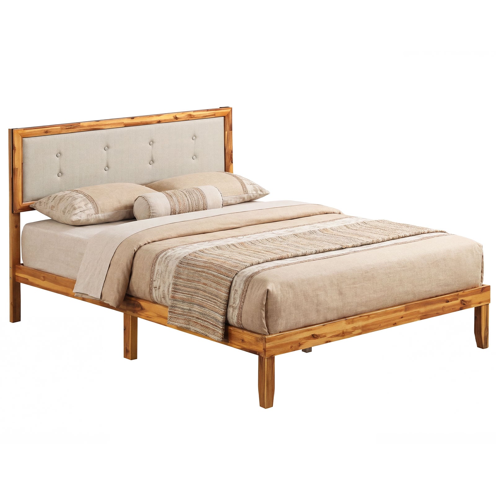 VLORA Solid Wood Bed Frame with Tufted Headboard-Full Size