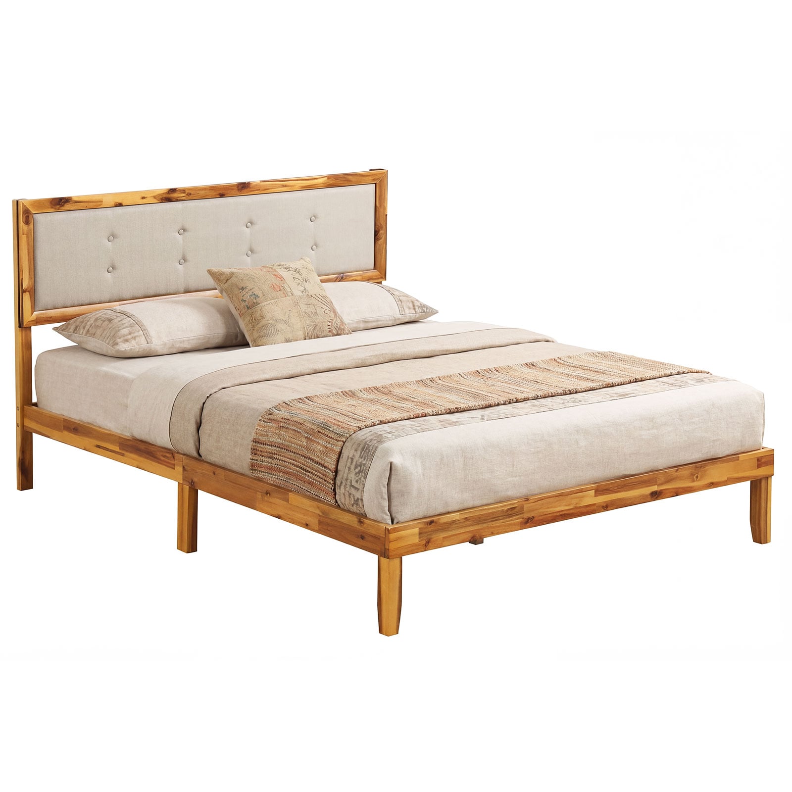 VLORA Solid Wood Bed Frame with Tufted Headboard-Queen Size