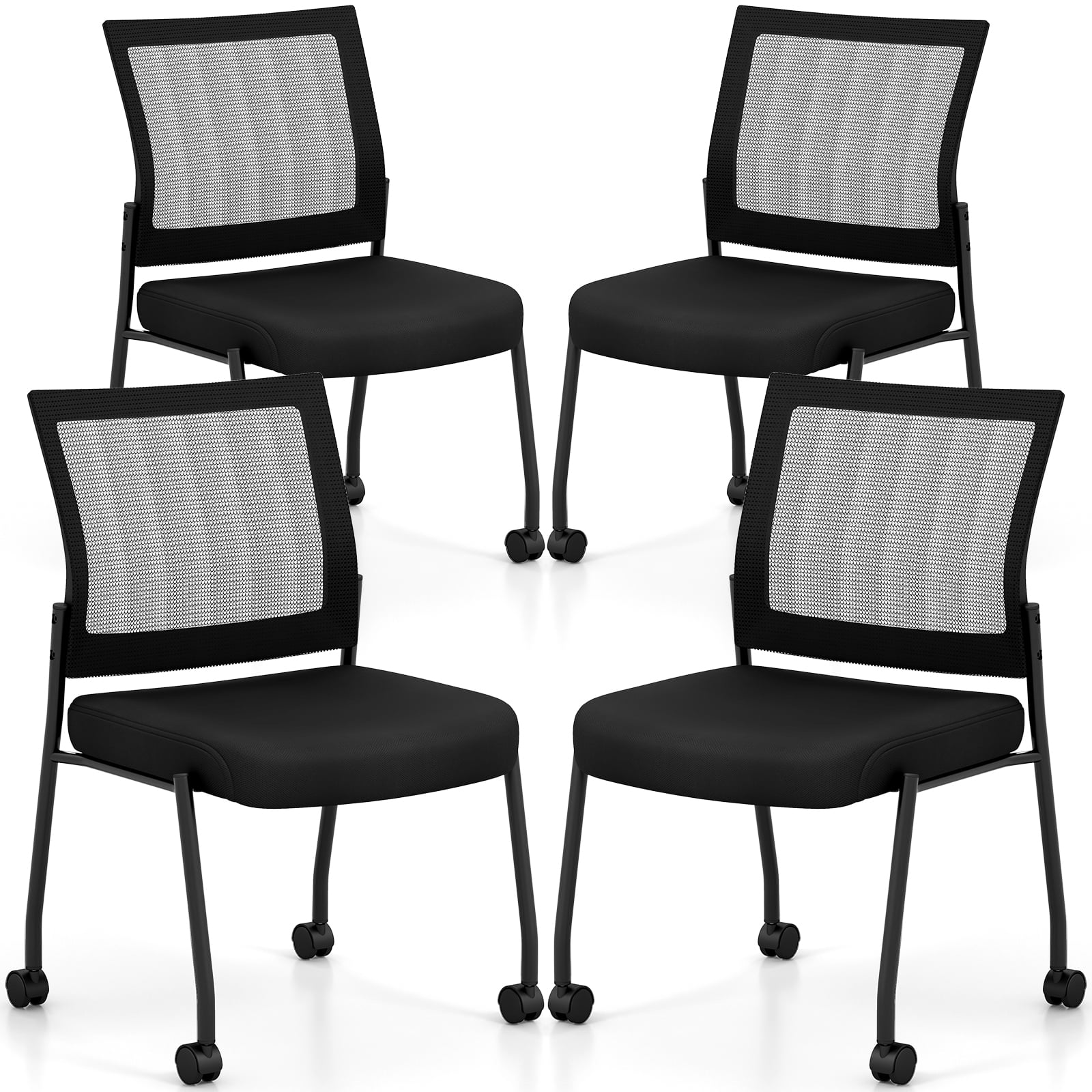 Stackable Armless Waiting Room Guest Chair with Wheels Set of 4-Black
