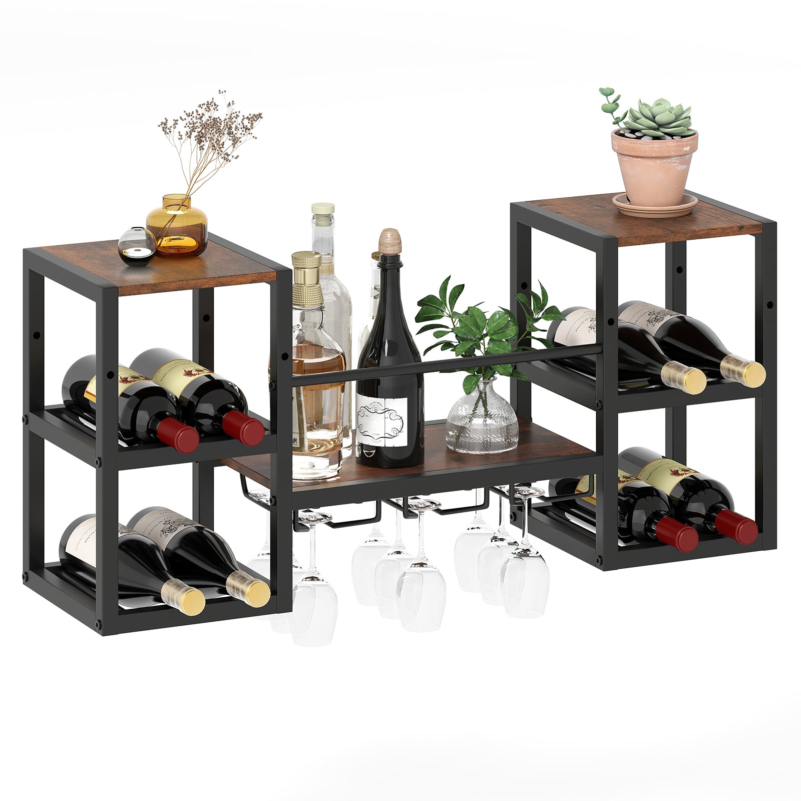 Wall Mounted Wine Rack with Glass Holder, Wine Bottles Open Shelves-Rustic Brown