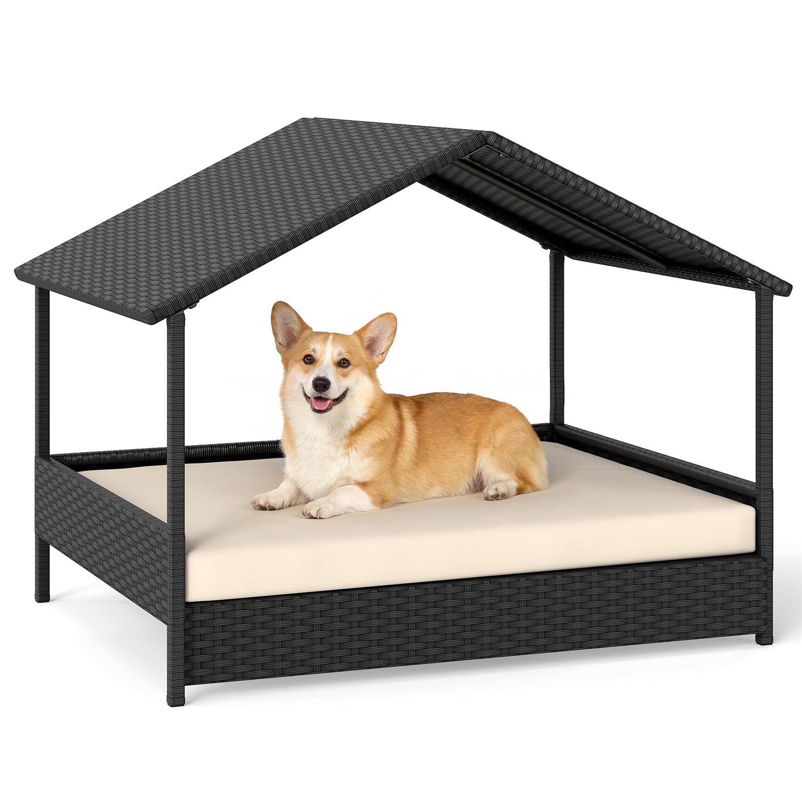 URBANIX Wicker Dog House Outdoor Indoor with Canopy up to 60kg-Beige