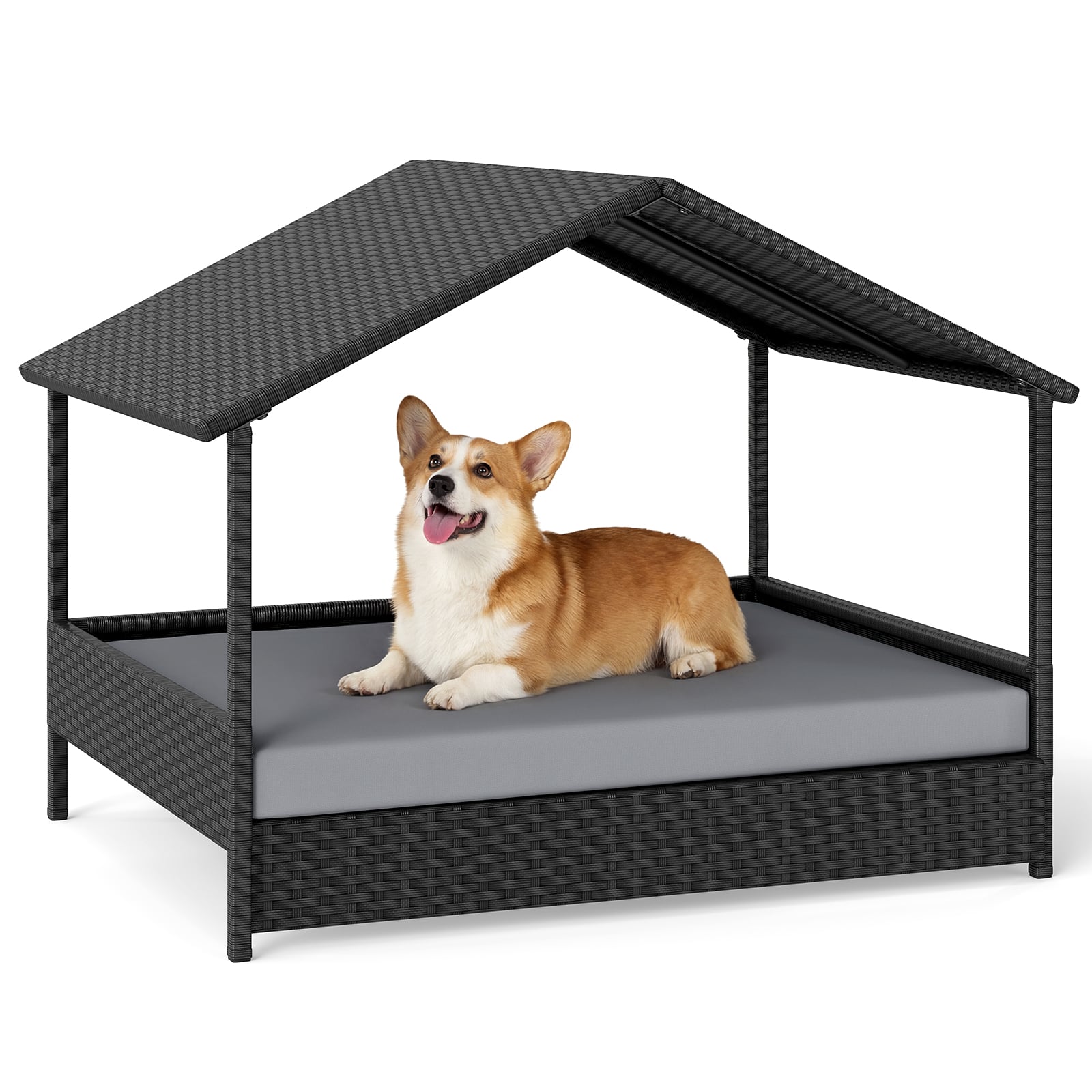 URBANIX Wicker Dog House Outdoor Indoor with Canopy up to 60kg-Grey