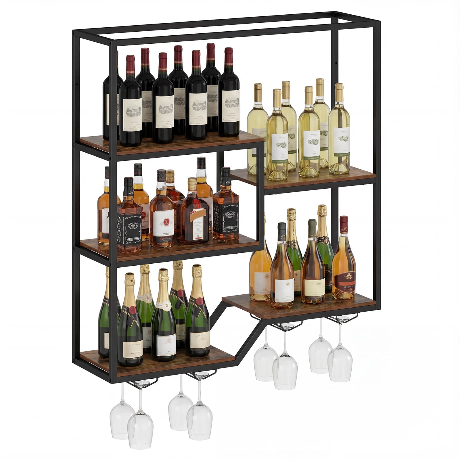 Wall Mounted Wine Rack 5-Tier with Glass Holders-Rustic Brown