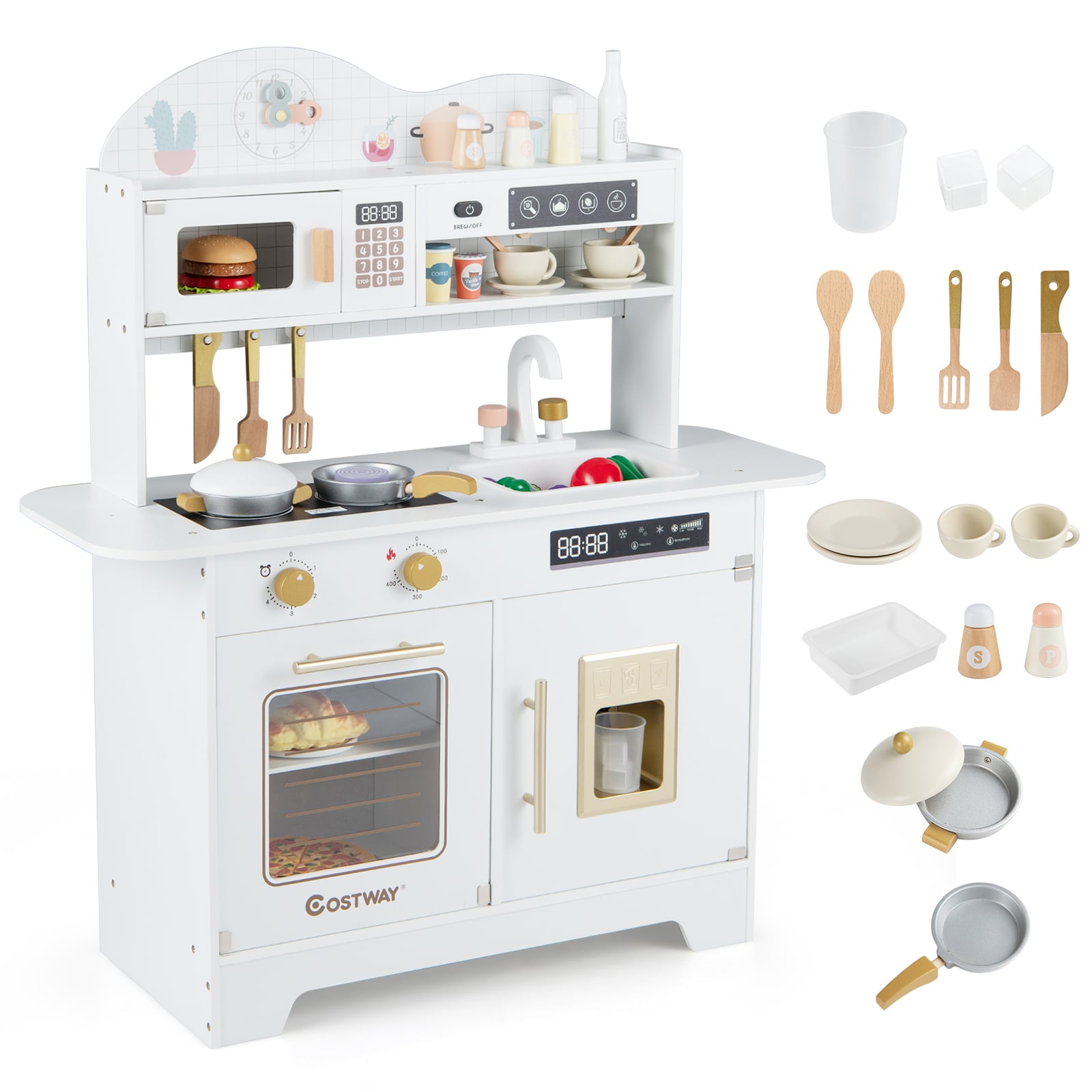 RYNOR Wooden Toddler Play Kitchen with 17 Pieces Accessories-White