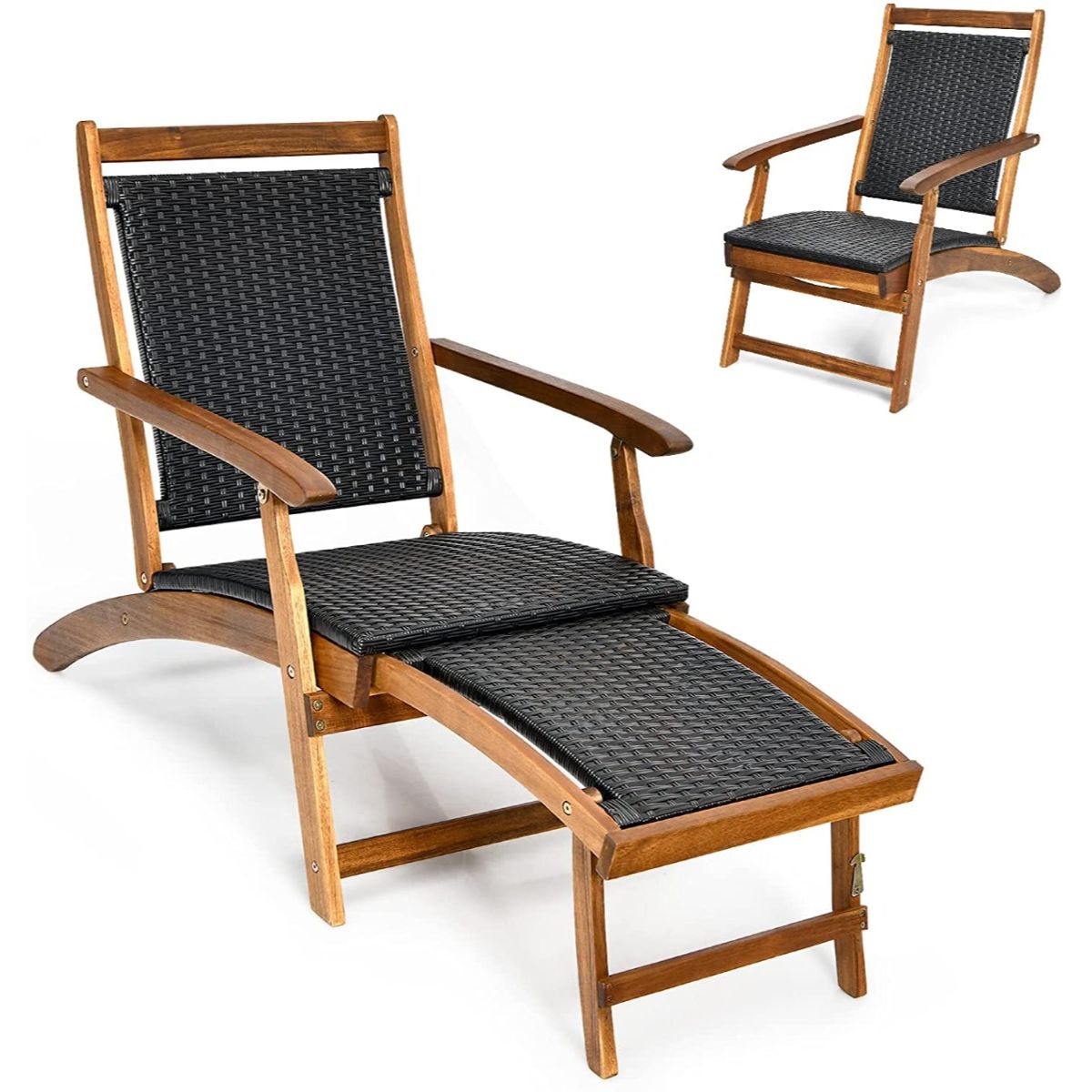 Sun Lounger - Folding Deck Reclining Chair with Retractable Footrest