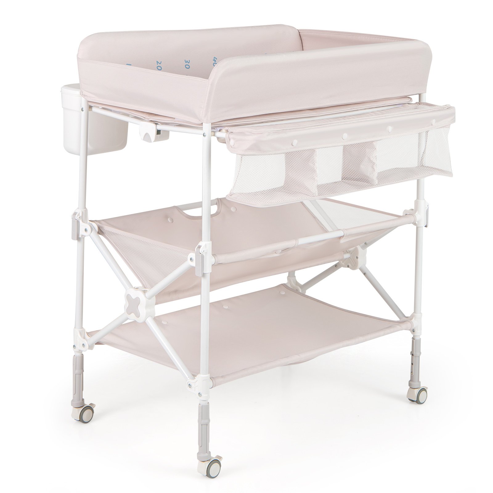 YELVIA Foldable Baby Changing Table with Wheels and Adjustable Height-Light Pink