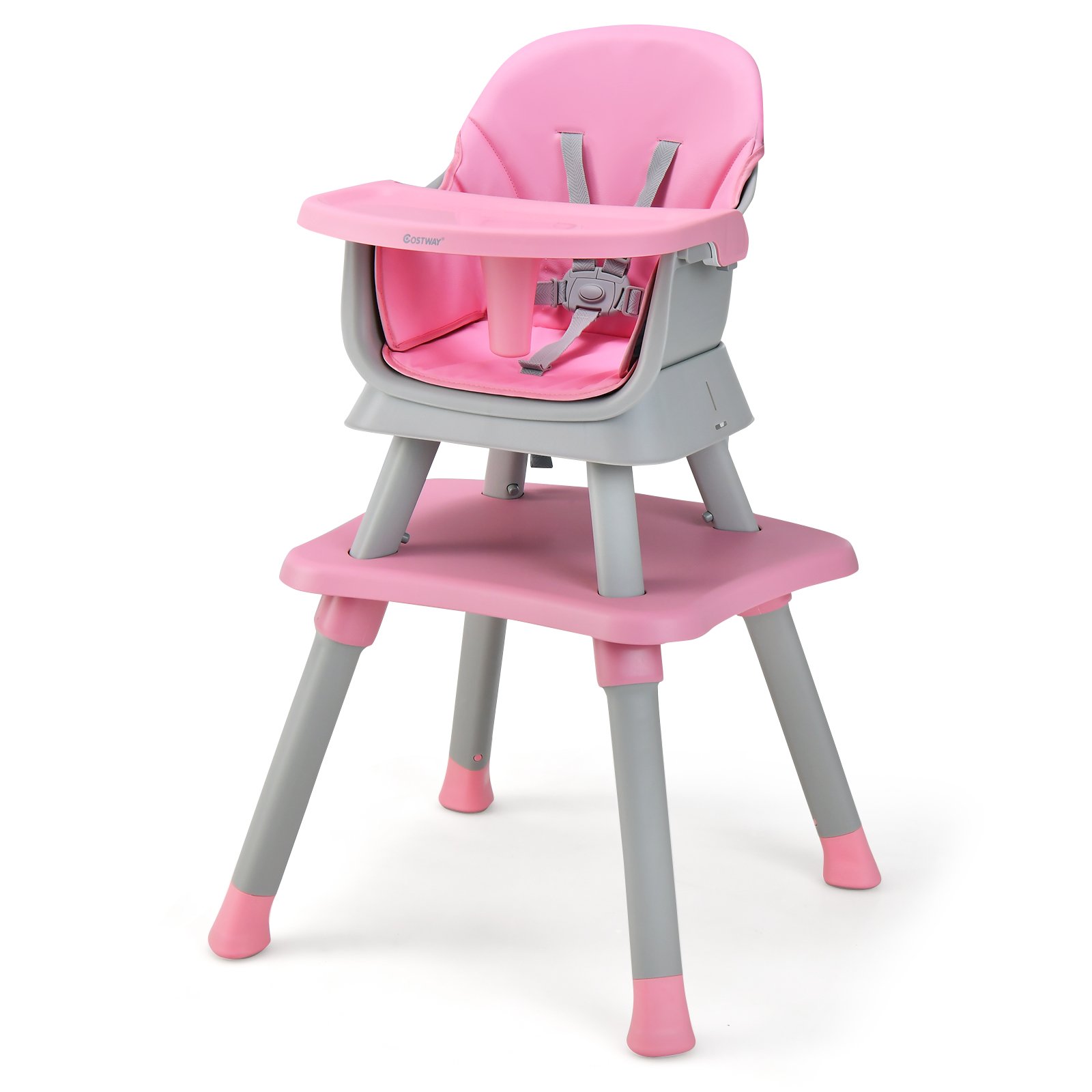 Baby High Chair - 6-in-1 Baby High Chair with 5-Point Harness and Removable Tray-Pink