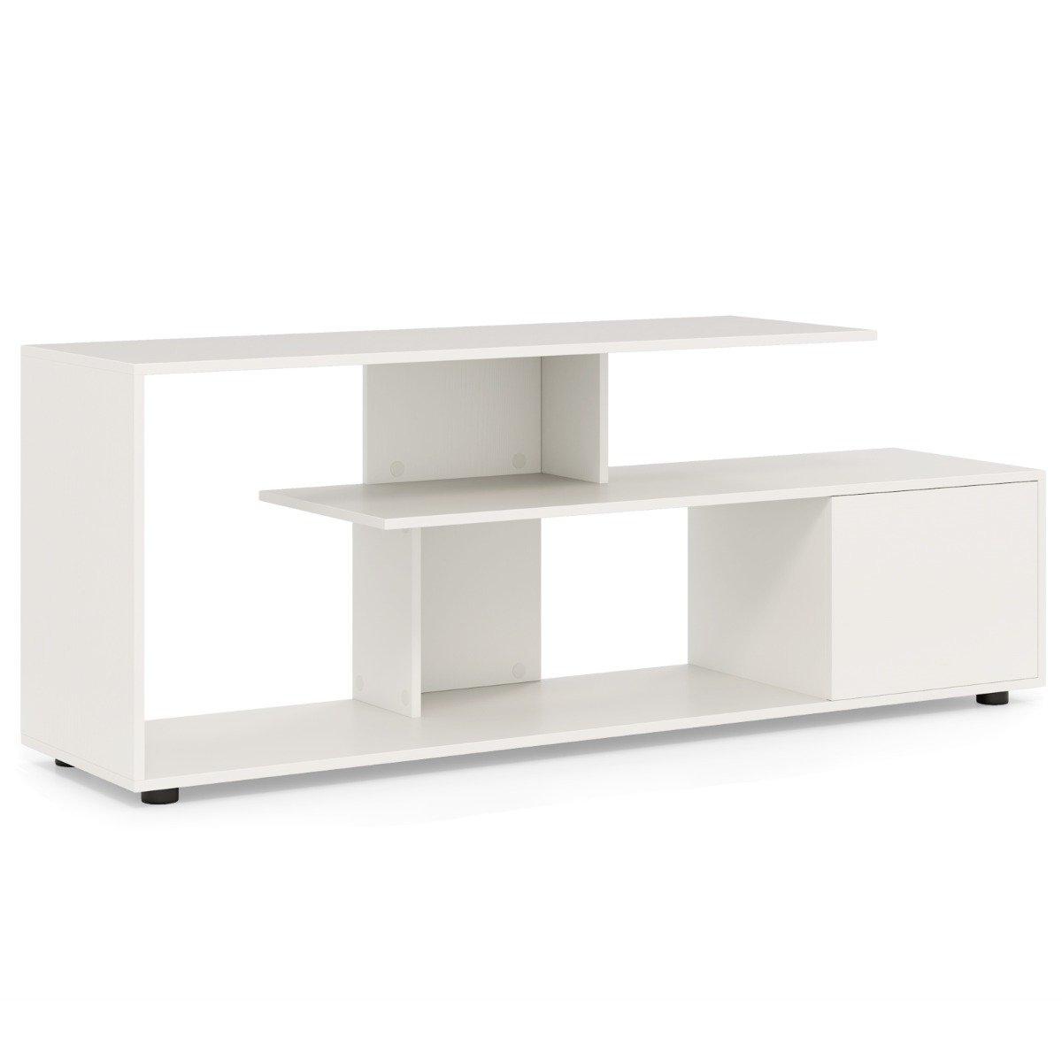 DAXO 3-Tier Asymmetrical Media Console Table with Storage Shelves and Cabinet-White