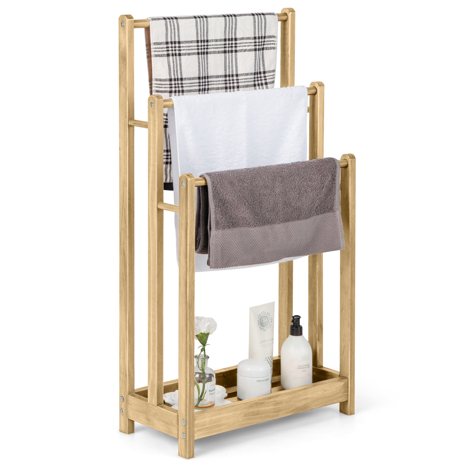 Wooden Towel Rack with 3 Bars & Storage Shelf-Natural