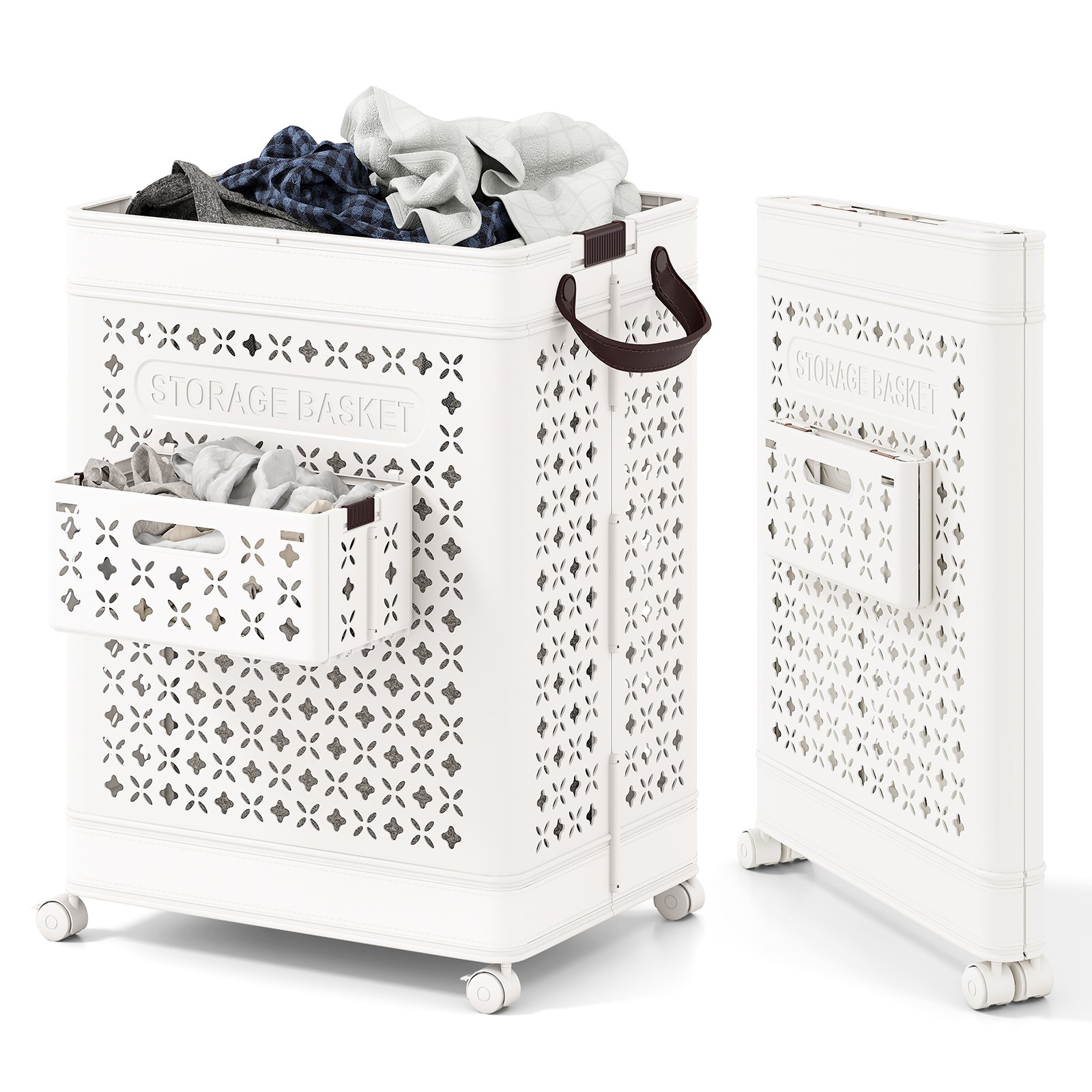 75 L Collapsible Laundry Basket with Underwear Basket and Handles-White