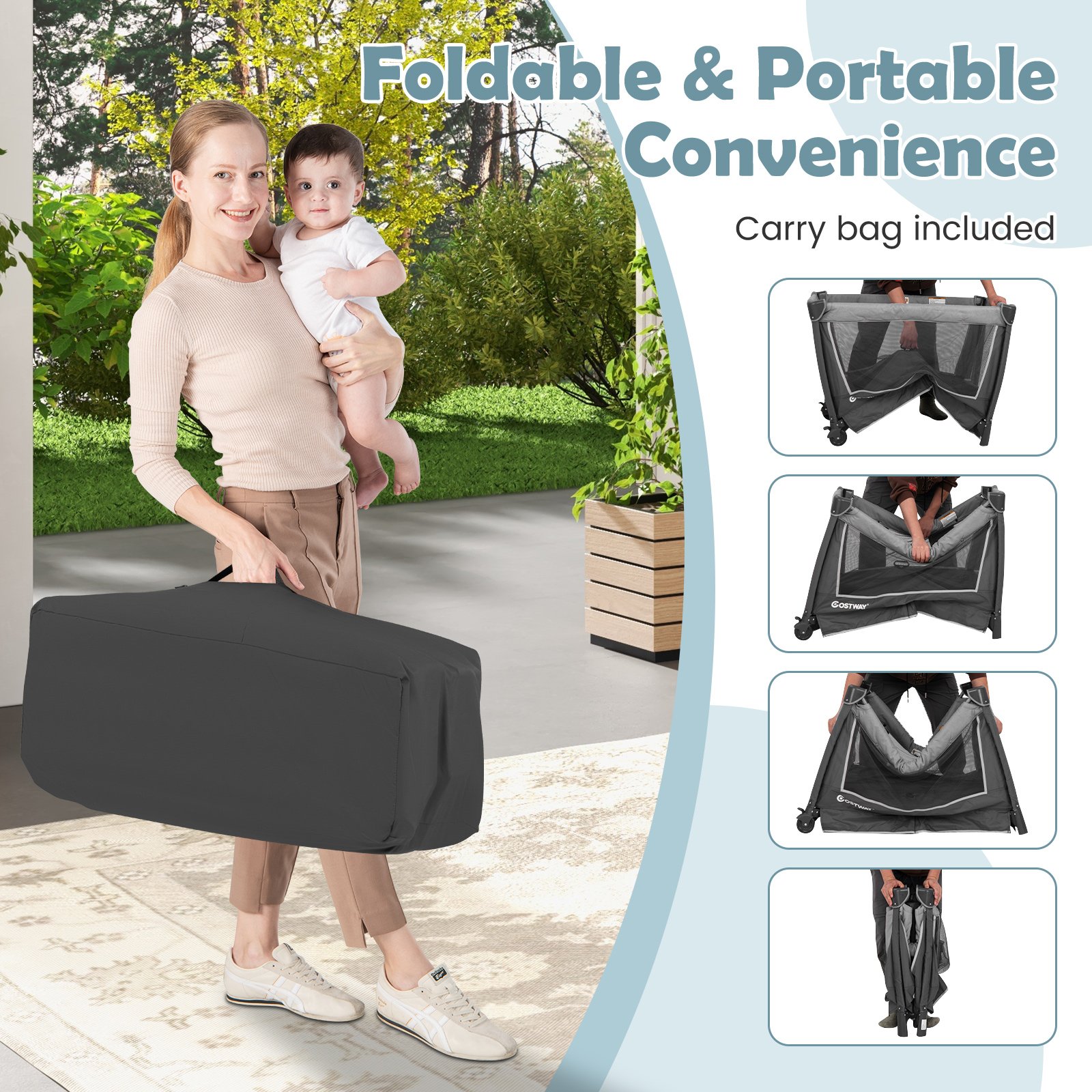 GLOWTHRA 5-in-1 Foldable Pack and Play with Removable Bassinet-Grey