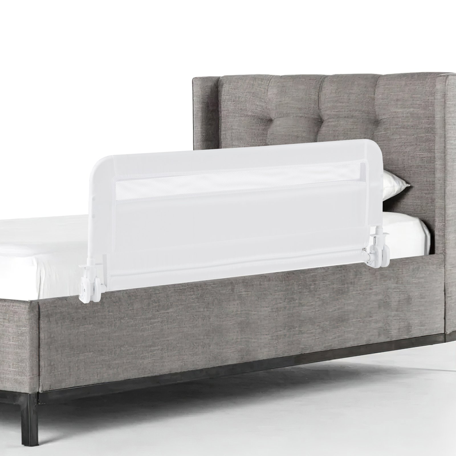 Baby Safety Rail - 100 CM/120 CM Foldable Baby Bed Rail with Removable Washable Cover and Safety Strap-White-100 cm