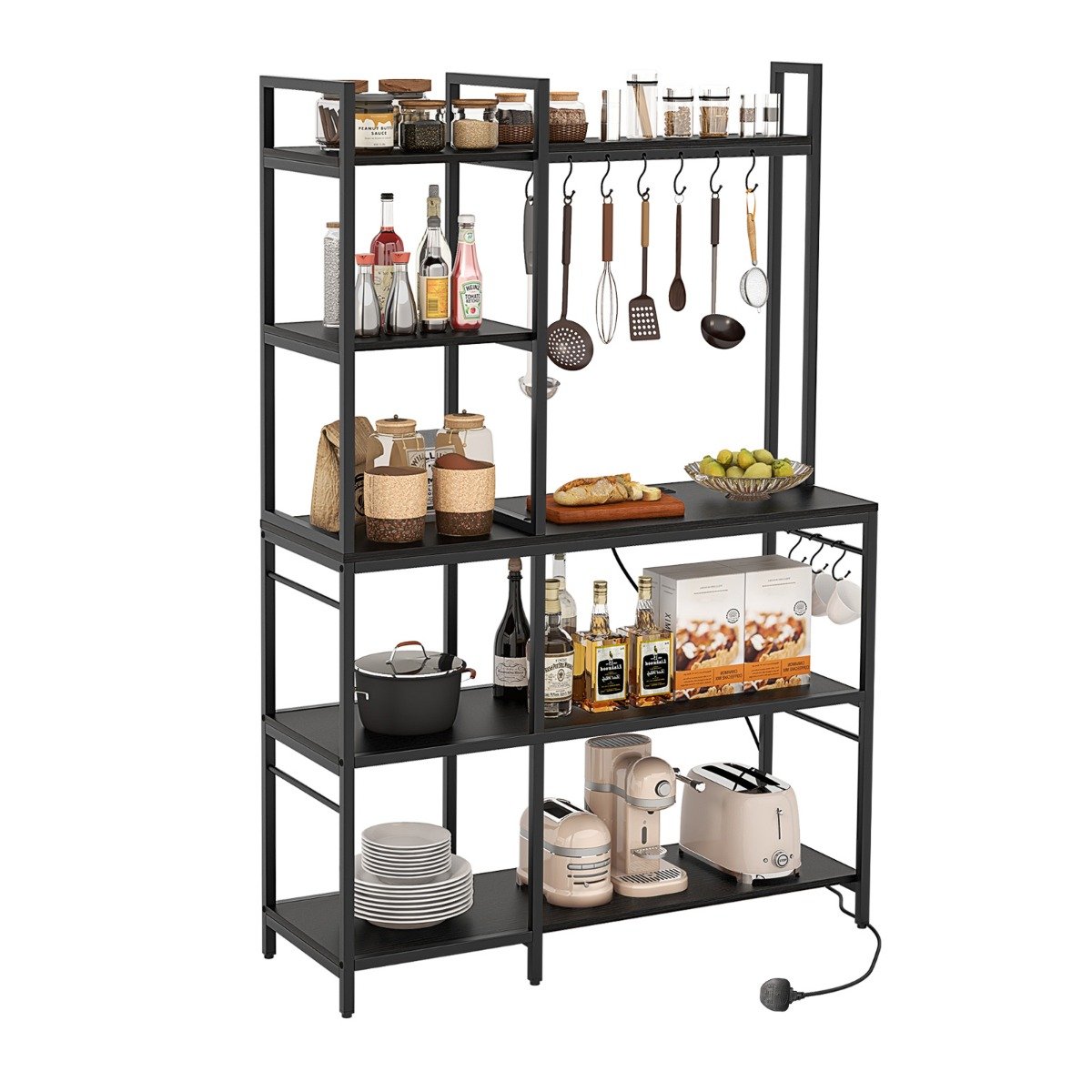 DADAEN Bakers Rack with Power Outlets and 10 S-Shaped Hooks-Black
