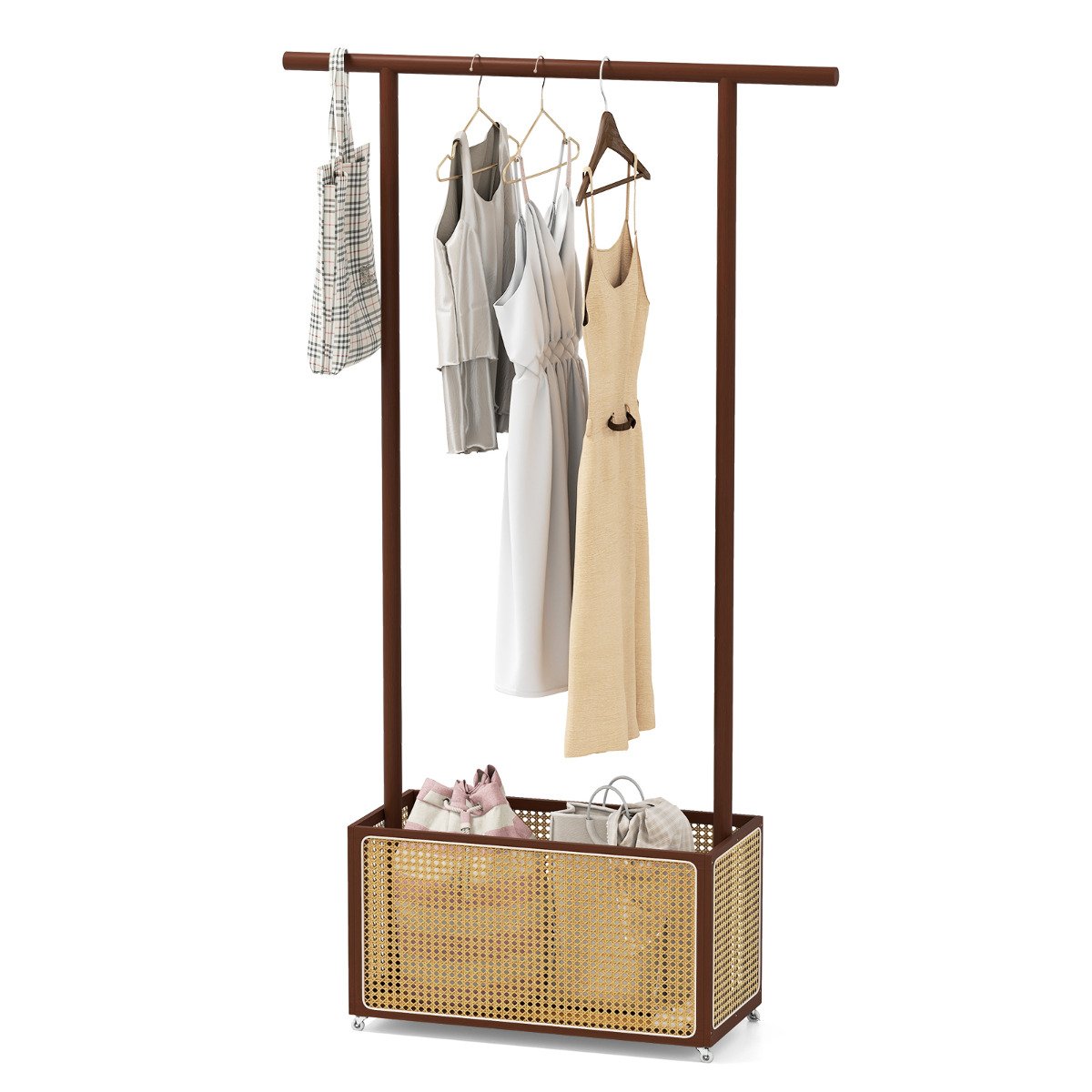 FENRITH Bamboo Clothes Rack 2-In-1 Clothing Hanging Rail-Brown