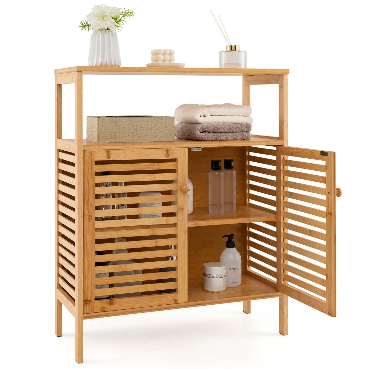 Sideboard - Bamboo Storage Cabinet with Double Louvered Doors-Natural