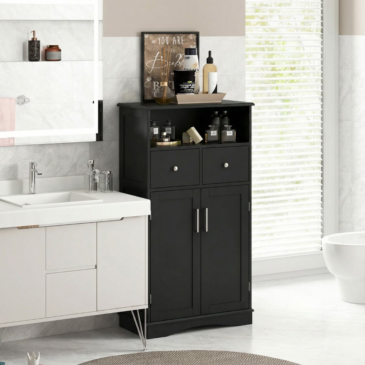 Bathroom Floor Cabinet with 2 Doors and 2 Adjustable Shelves for Bathroom-Black