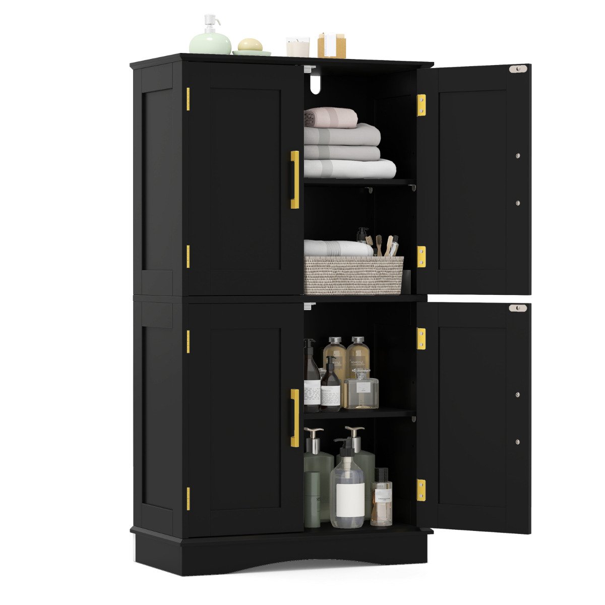 ELMO Bathroom Floor Storage Cabinet with 4 Doors and 2 Adjustable Shelves-Black