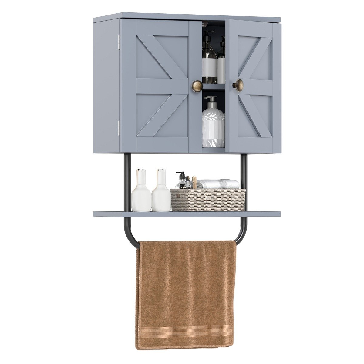 REVEOV Bathroom Wall Cabinet with Double Door and Open Shelf and Towel Rack-Grey