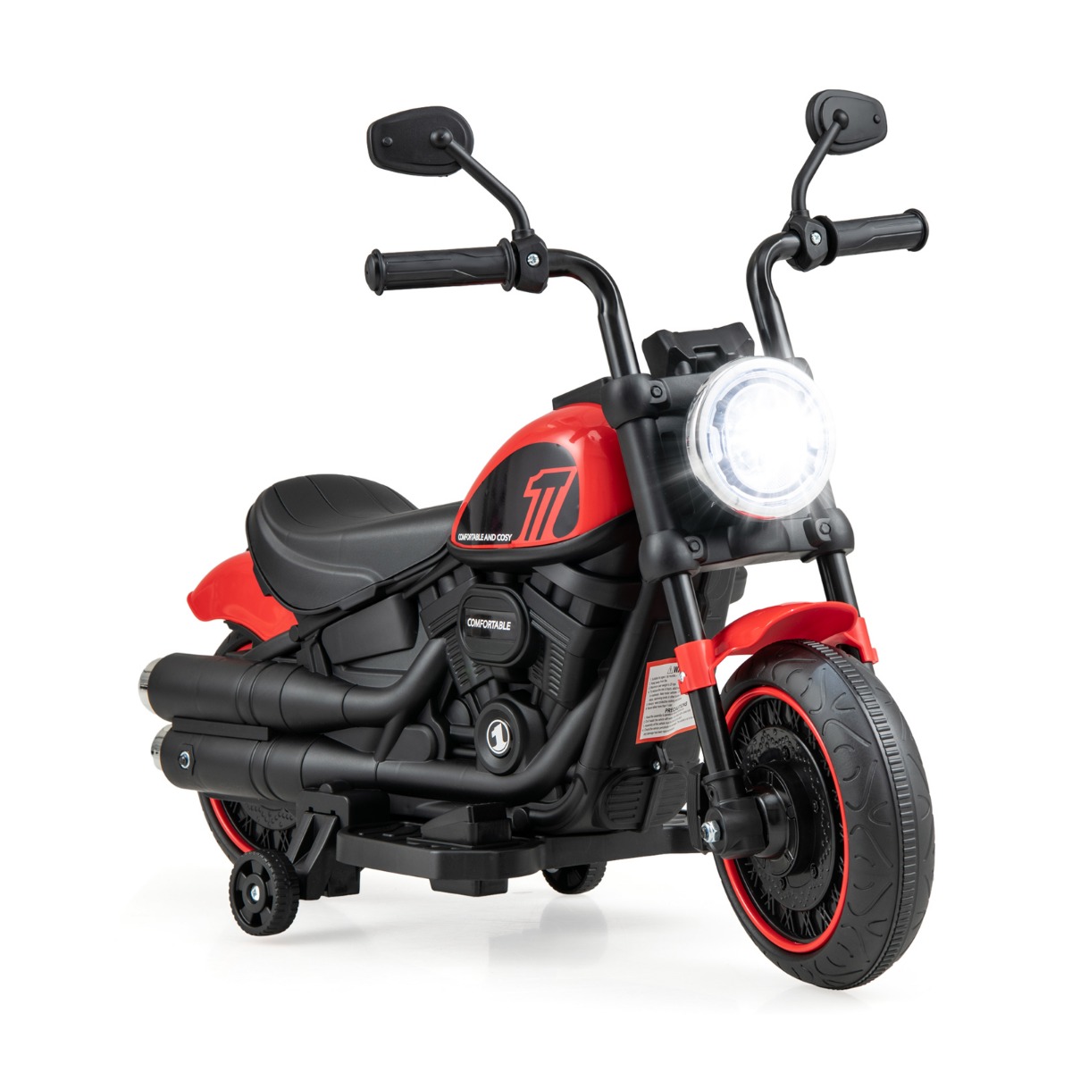Battery Powered Motorbike with Training Wheels and Threaded Tires for Toddlers - Red