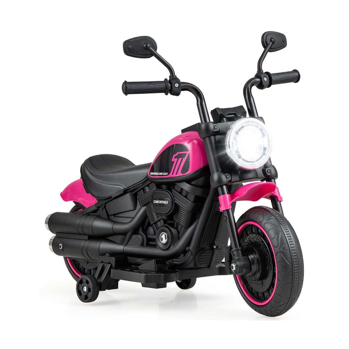 Battery Powered Motorbike with Training Wheels and Threaded Tires for Toddlers - Pink