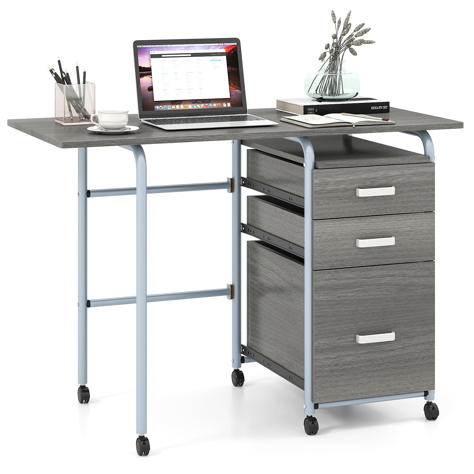 Folding Computer Desk with Rolling Wheels and 3 Drawers for Home Office-Grey