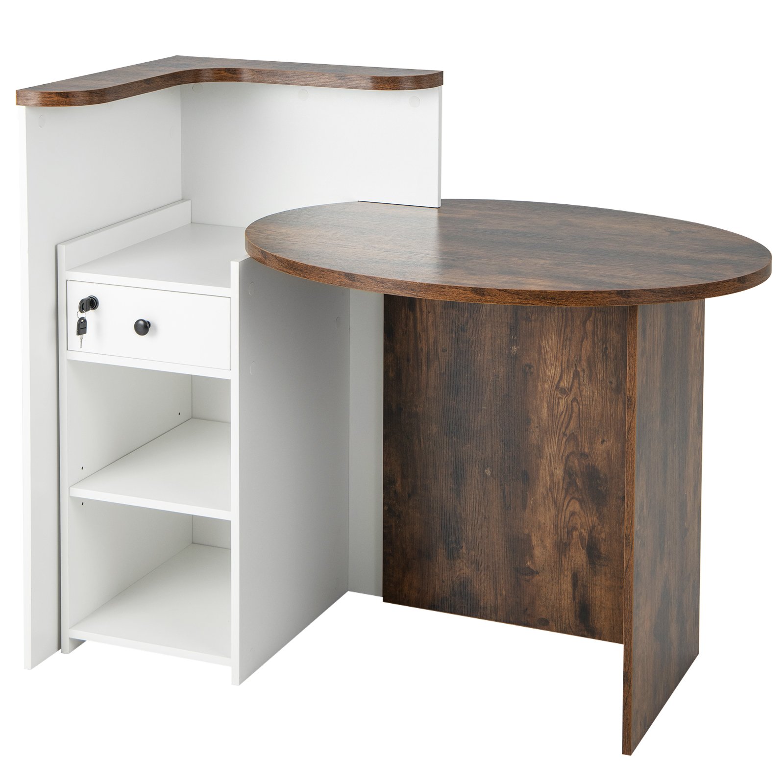 Computer Desk - Corner Front Reception Counter Desk with Lockable Drawer Coffee 120cm