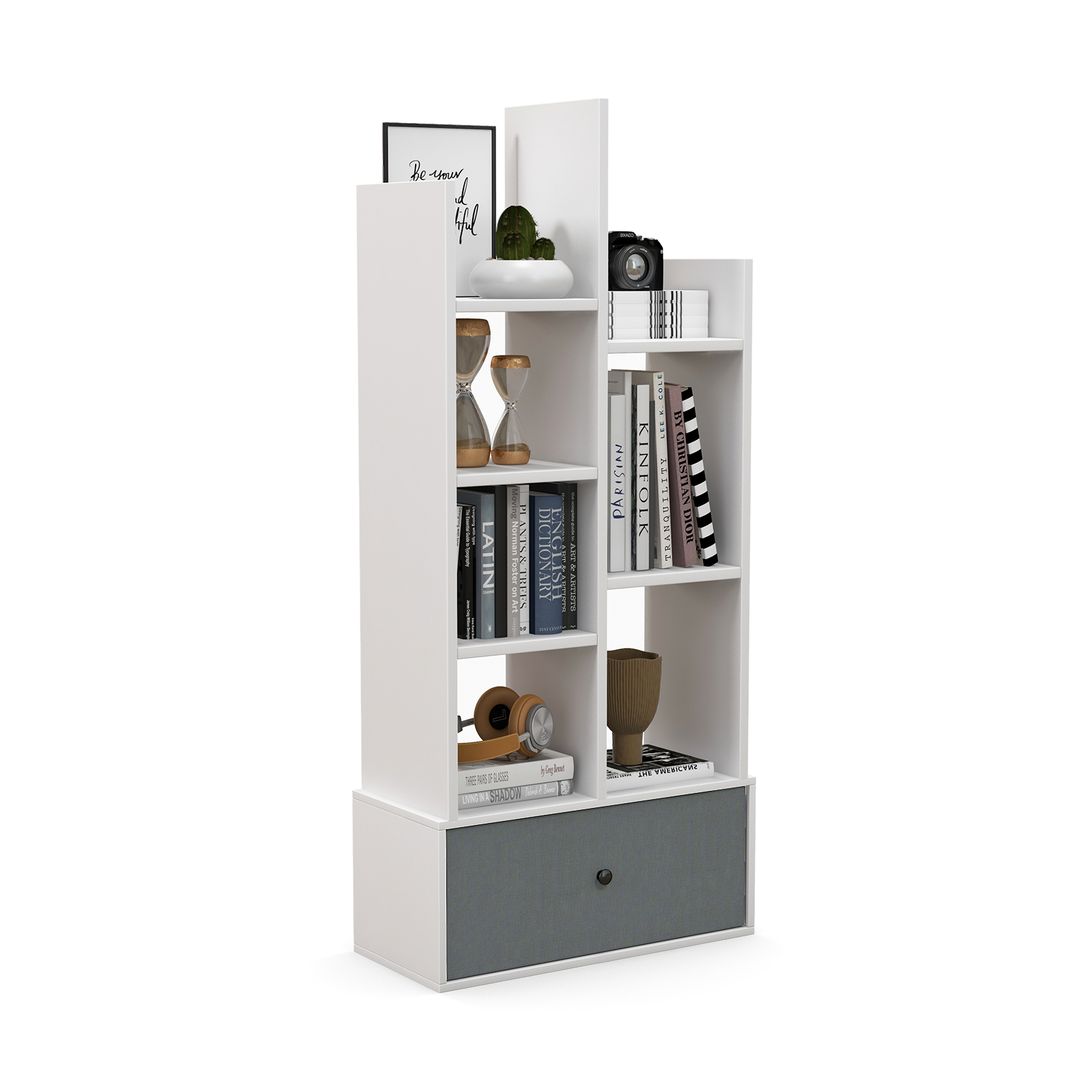 7-Tier Wooden Bookshelf with Folding Drawer for Study Living Room-White