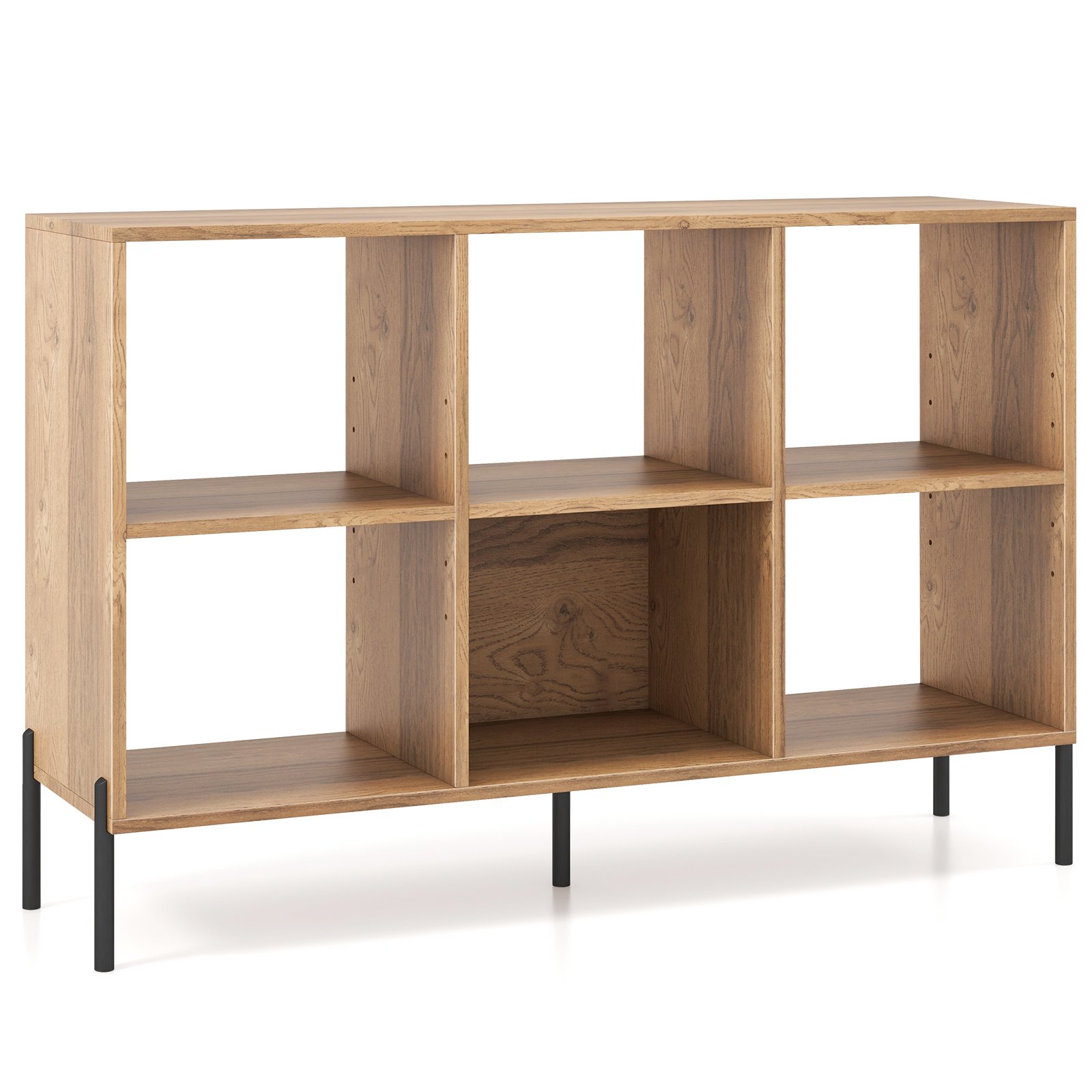 Bookcase - Open-Back Wood Bookshelf Storage Rack with 6 Compartments-Natural
