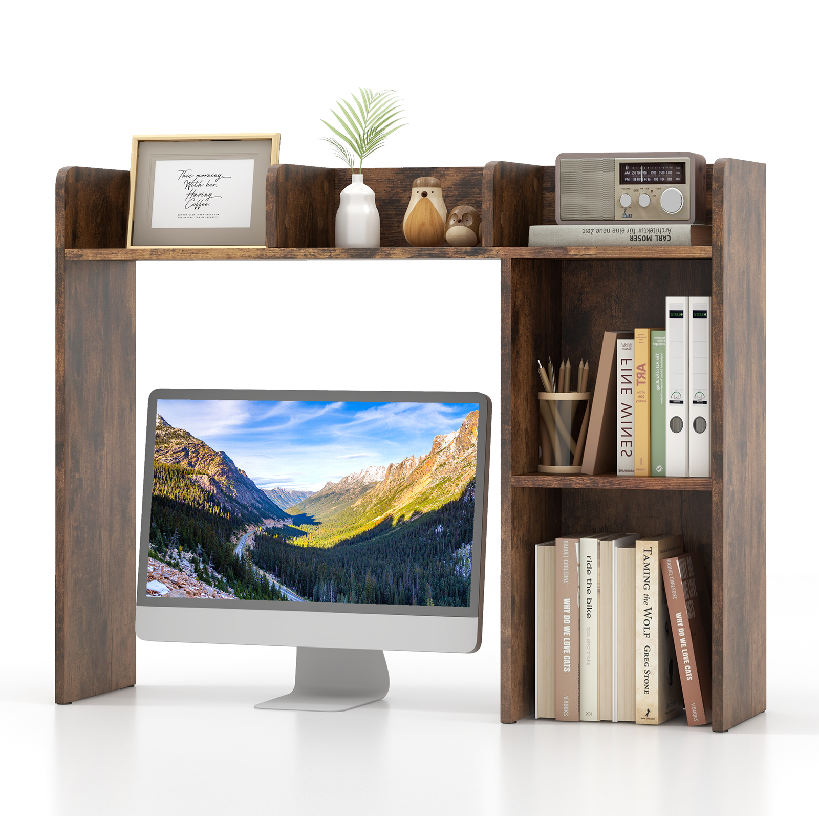 Bookcase - Wooden Desk Bookshelf with 4 Shelves and Open Back Compartment-Rustic Brown