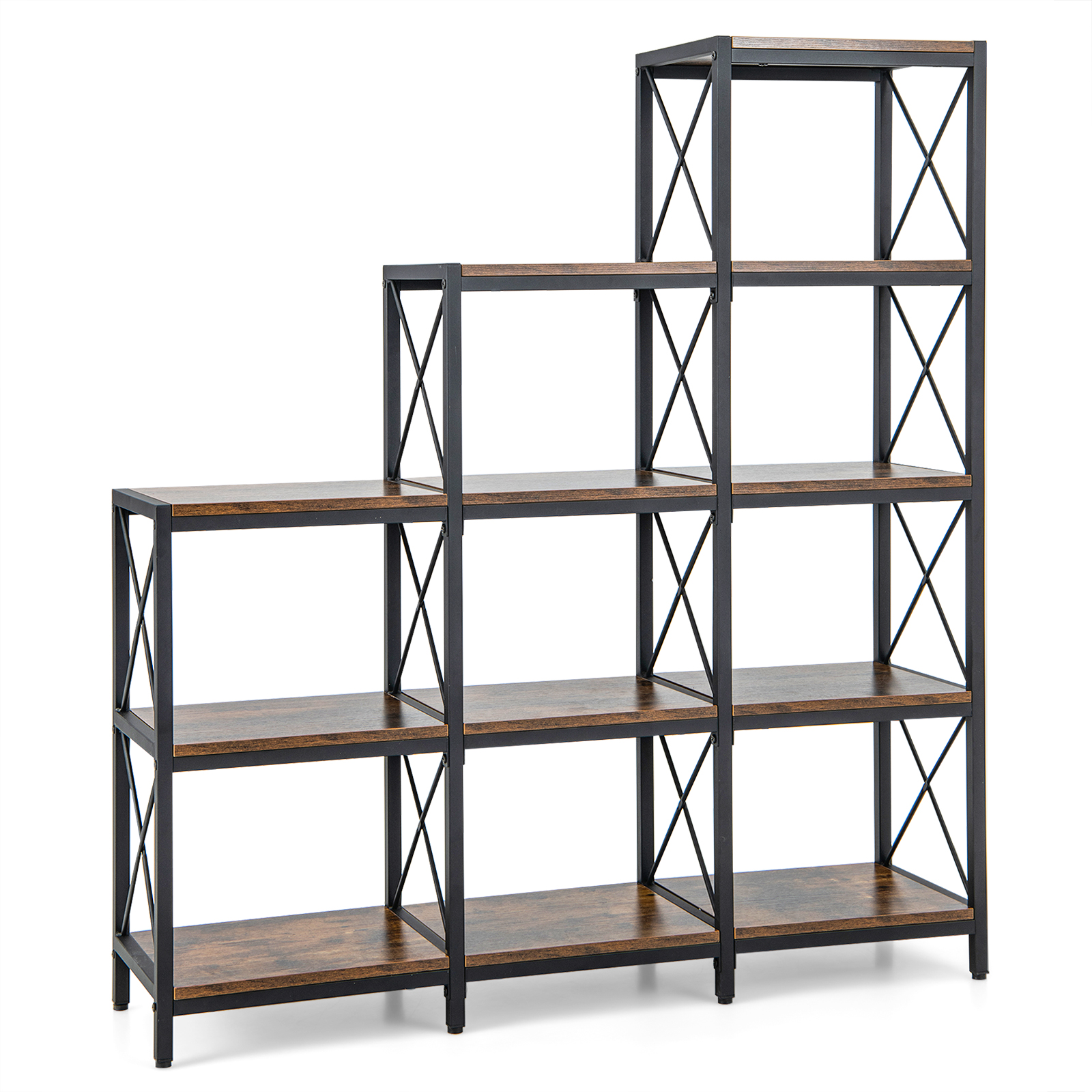 5-Tier Bookshelf 9 Cubes Bookcase with Carbon Steel Frame-Rustic Brown