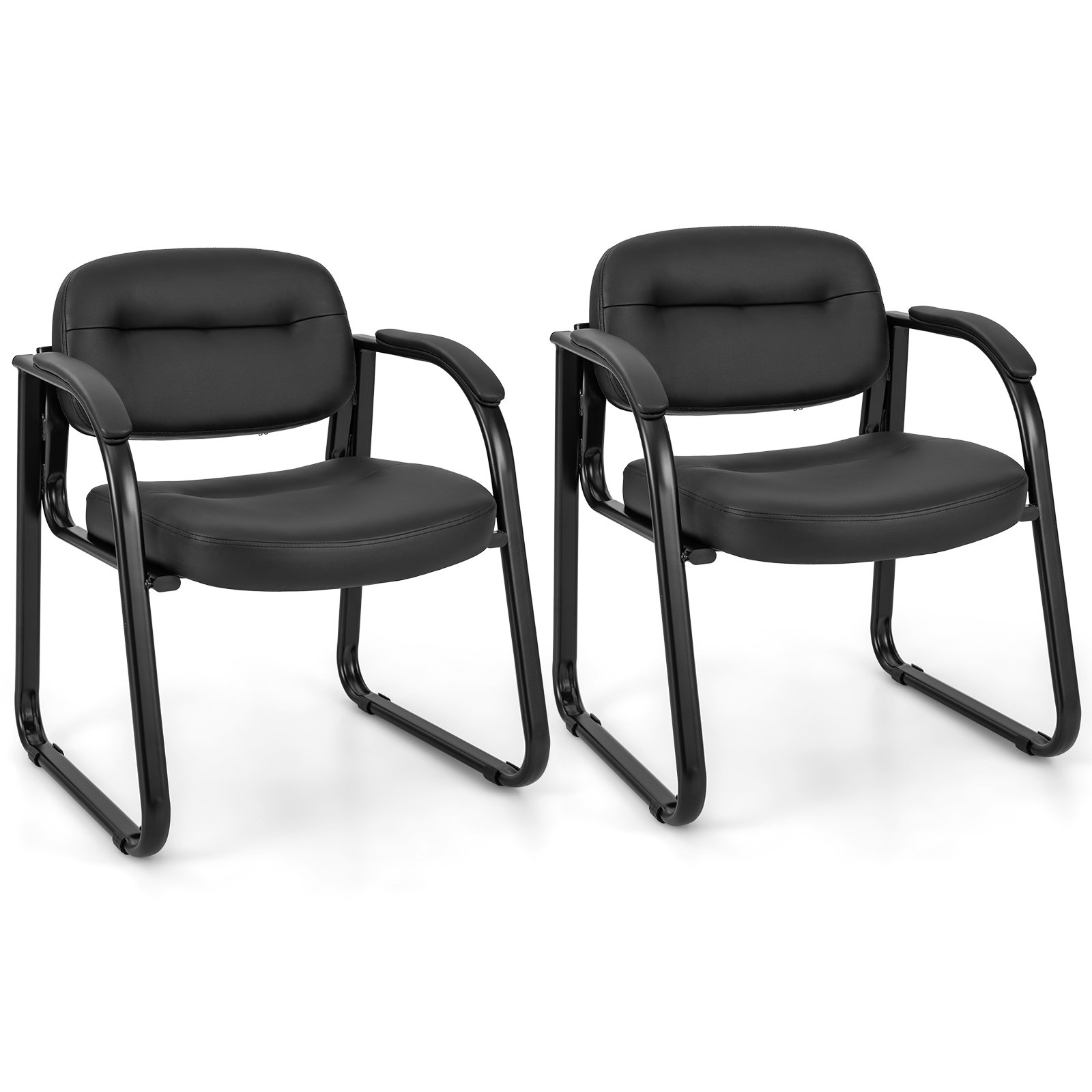 Office Chair - Set of 2 Waiting Room Chairs with Sled Base and Padded Arm Rest Black 62cm