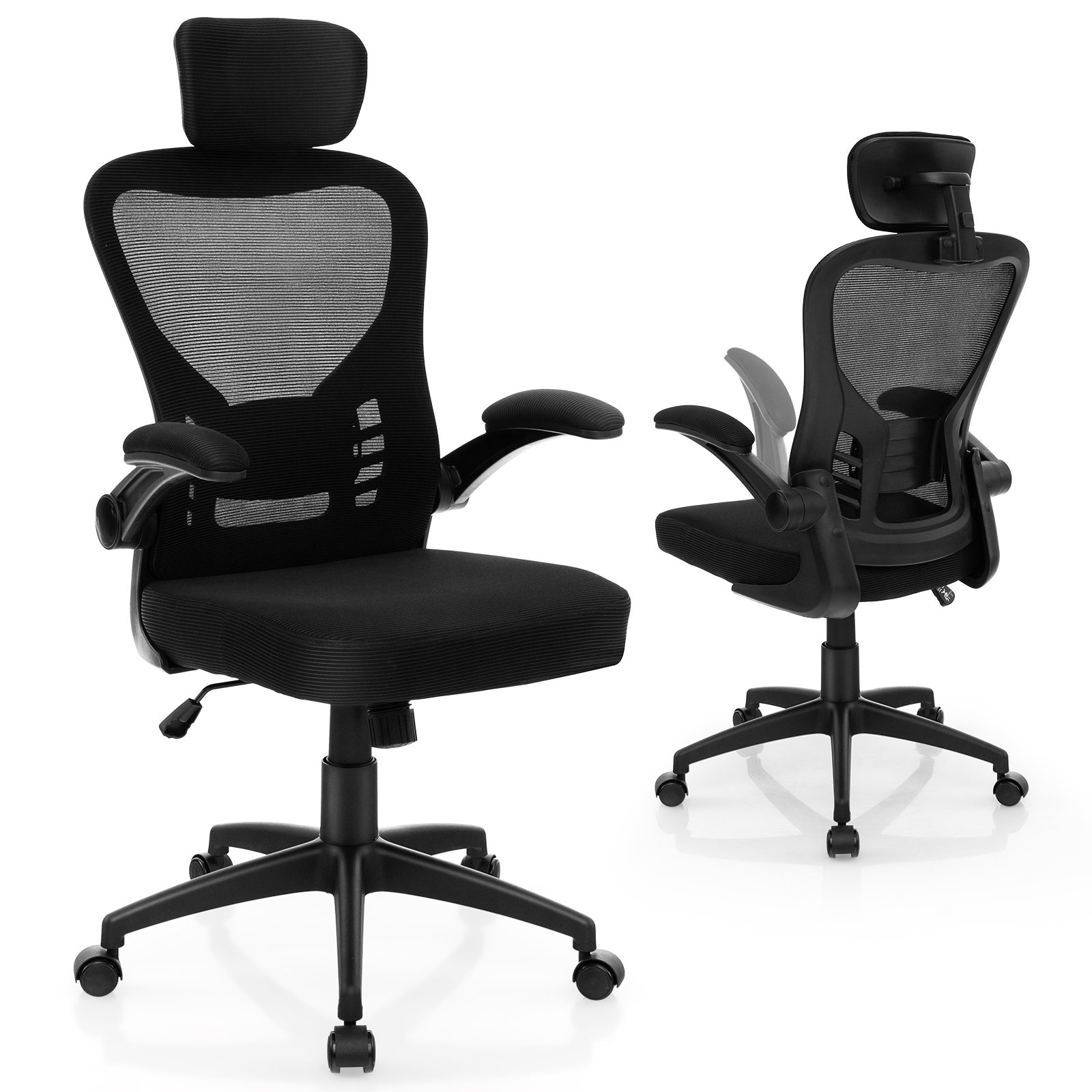 Office Chair - Ergonomic Mesh Office Chair with Adjustable Headrest and Height Black 66cm