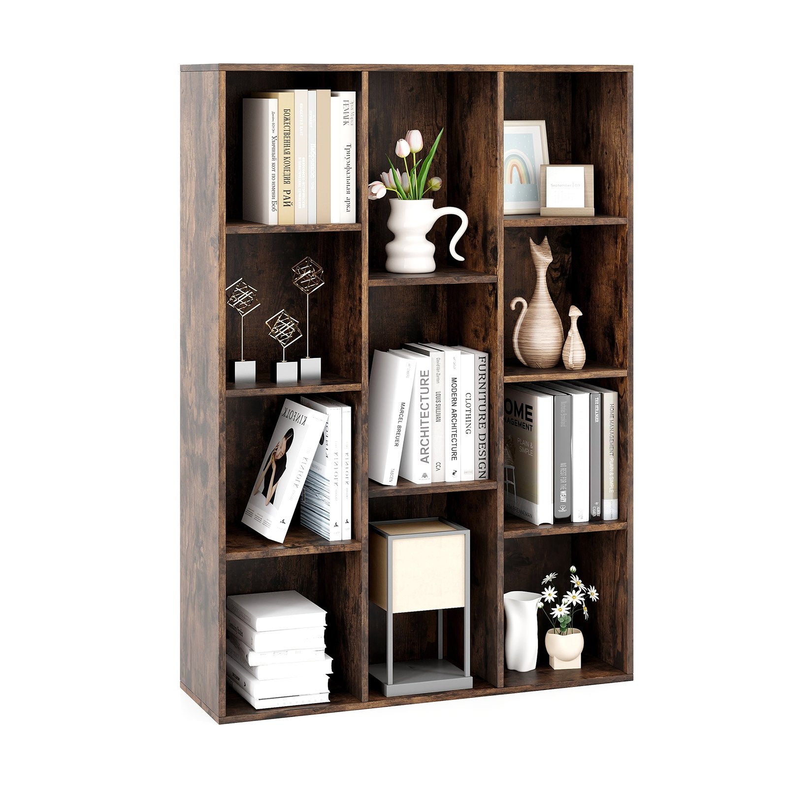 Bookcase - 11-Cube Bookcase Modern Geometric Bookshelf with Anti-tipping Kits-Rustic Brown
