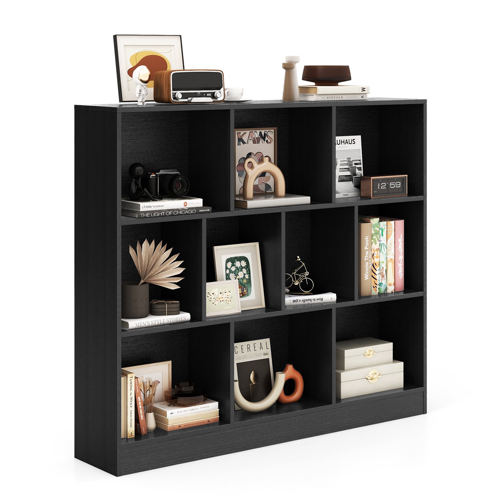 Bookcase - 10-Cube Bookshelf Freestanding Storage Organizer with 2 Anti-Tipping Kits-Black
